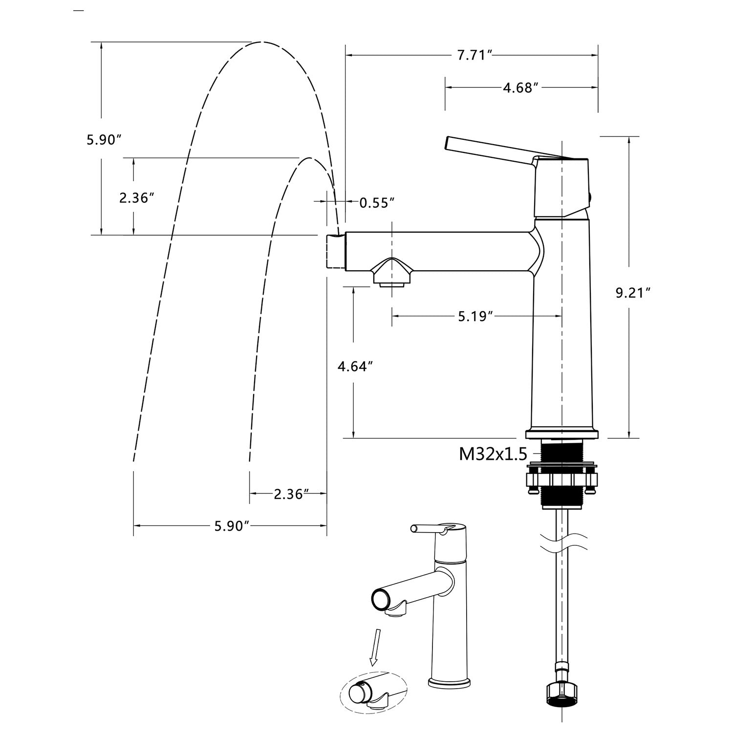 size of Single Handle Single Hole Bathroom Faucet