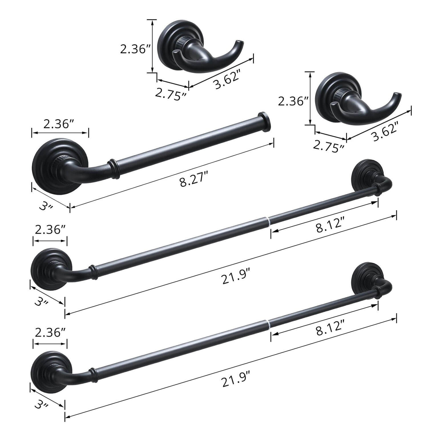 size of Vintage Matte Black Bathroom Hardware set
