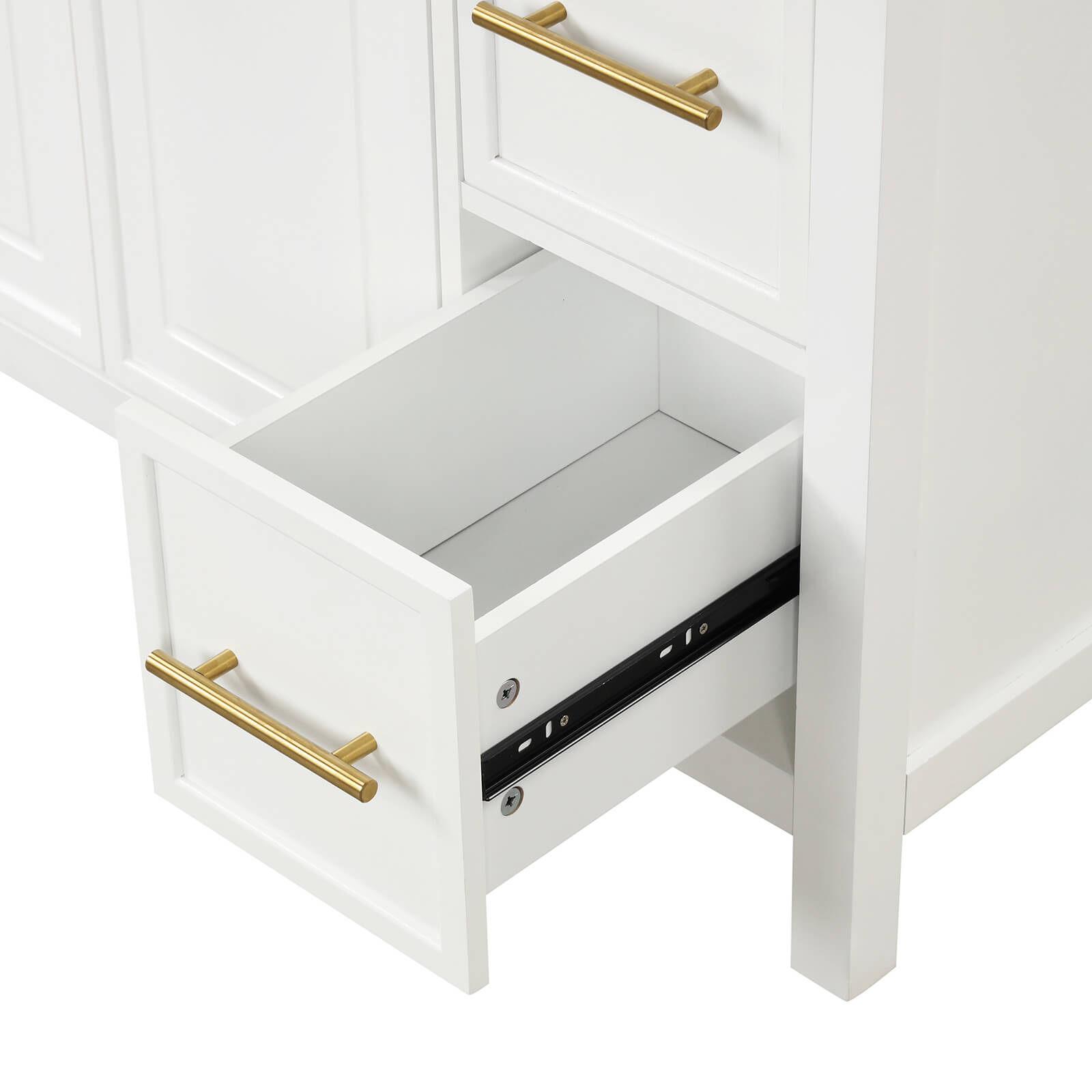 soft close drawer feature on white bathroom vanity