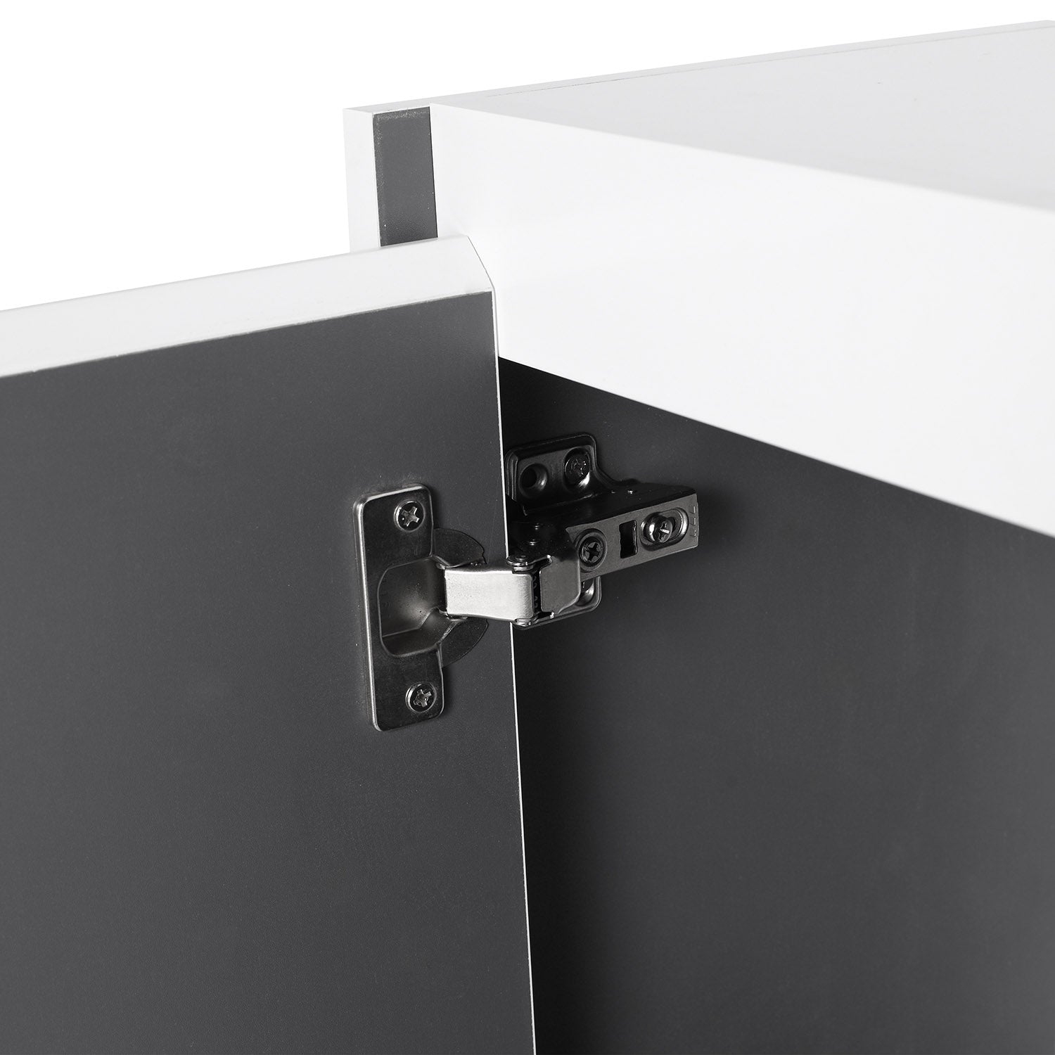 soft closing hinge of white bathroom wall cabinet