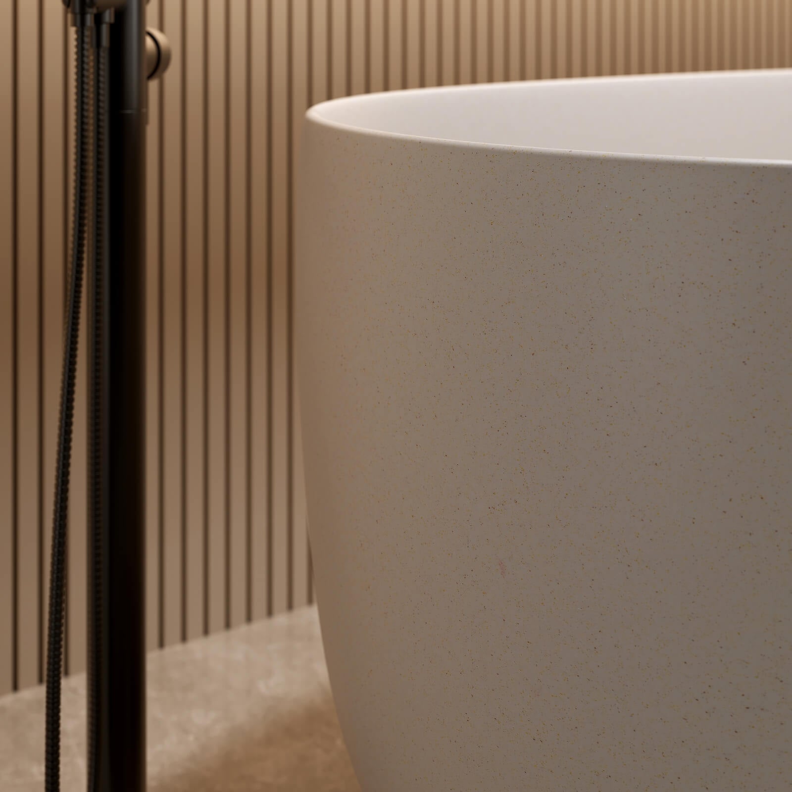 solid surface soaking tub in warm beige finish