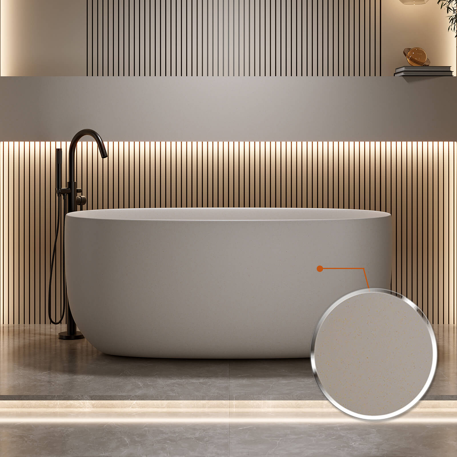 spa style freestanding bathtub with subtle beige tone