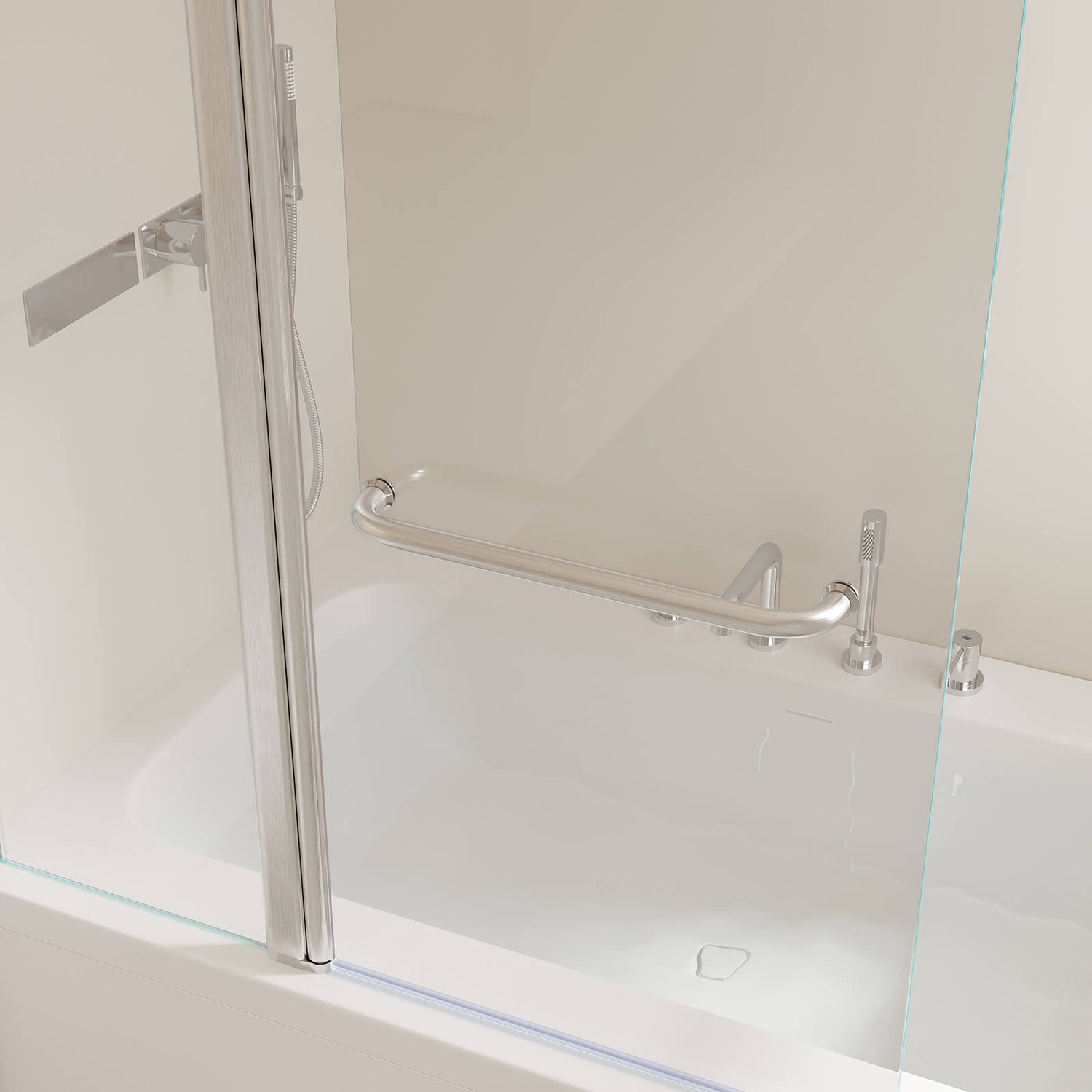 stainless steel handle and brushed frame on glass shower door