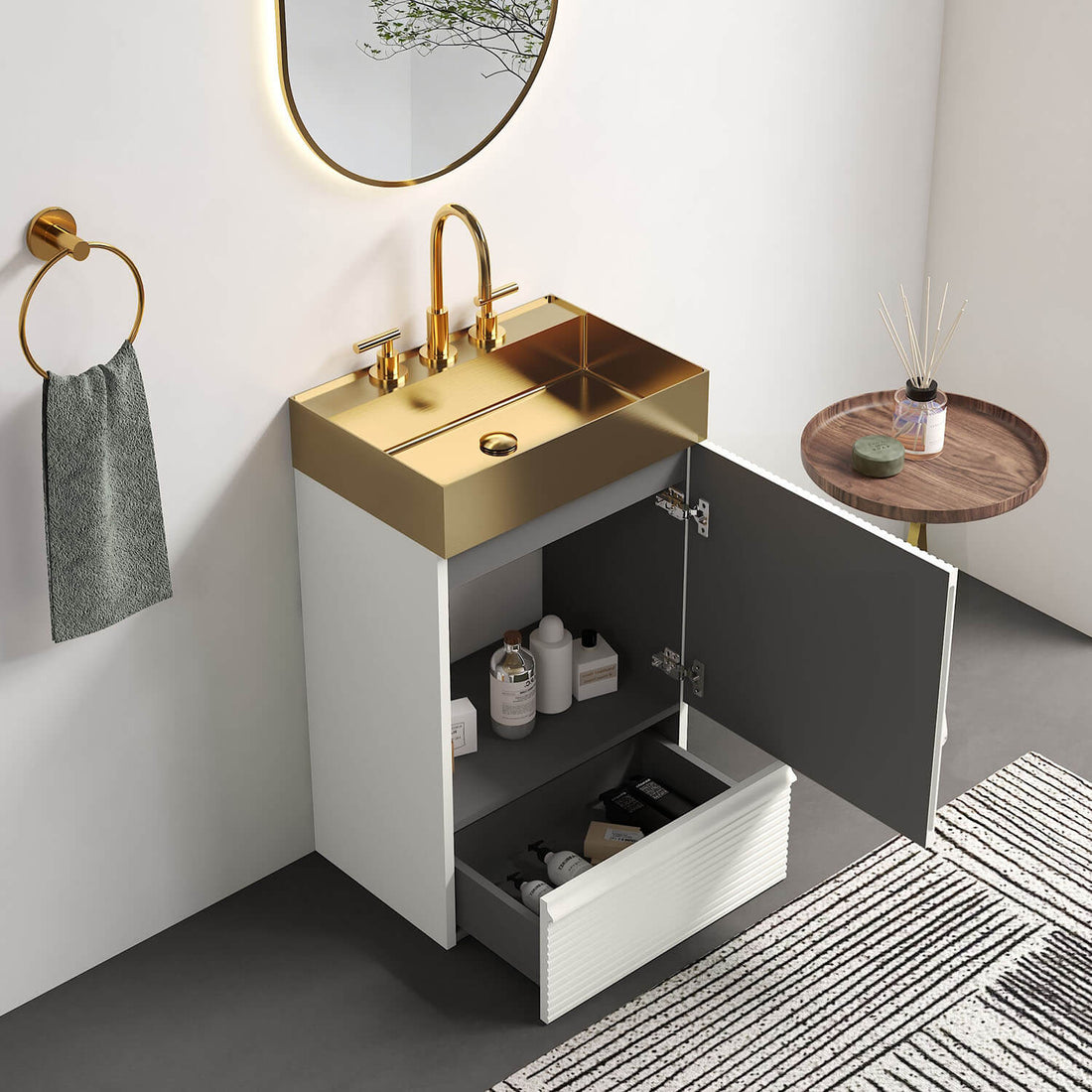 striped white cabinet compact storage powder room setup