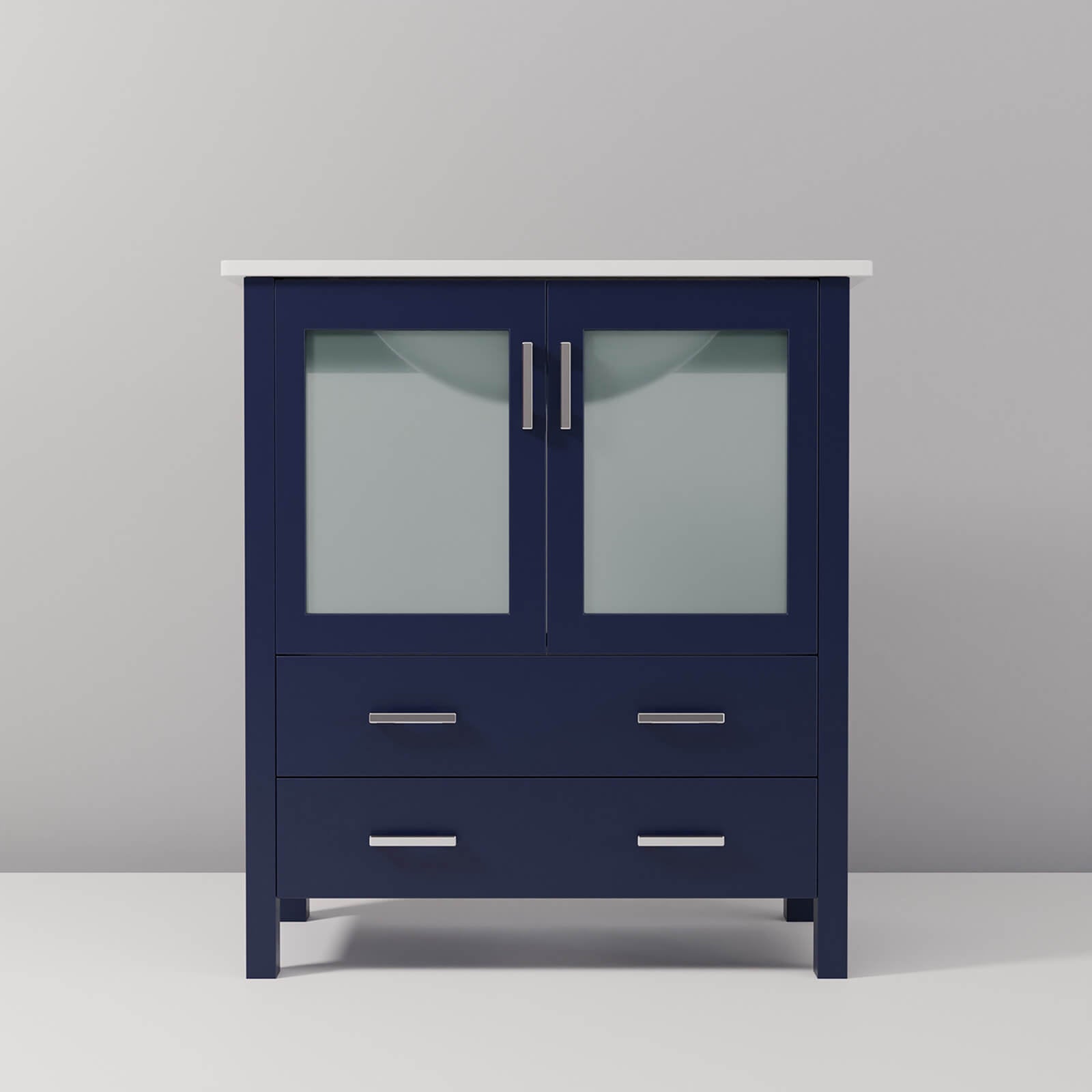 stylish 30 inch bathroom cabinet in navy blue with overflow sink