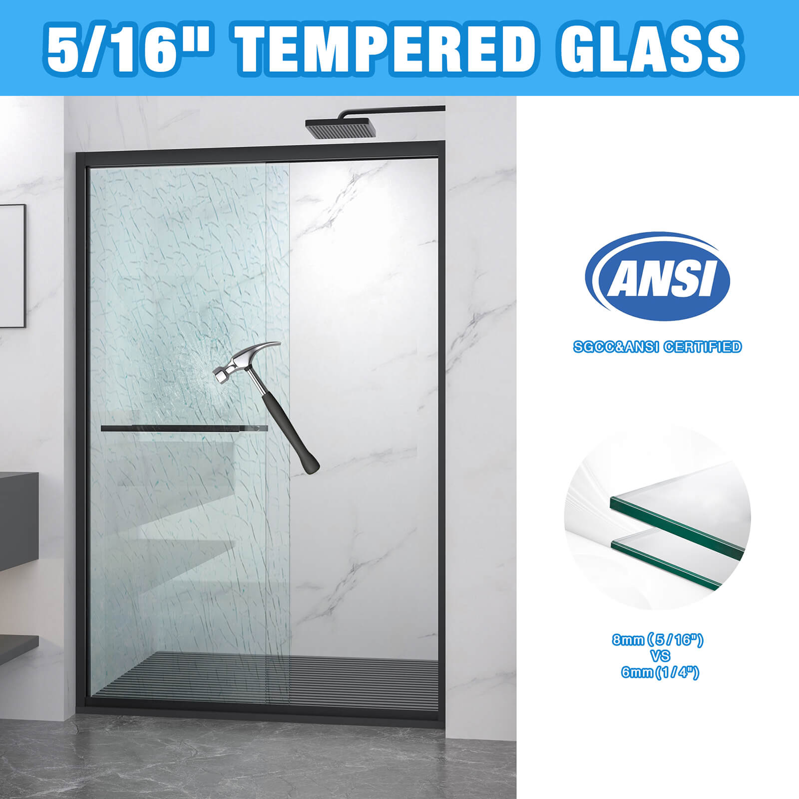 tempered glass SGCC ANSI certified shower door