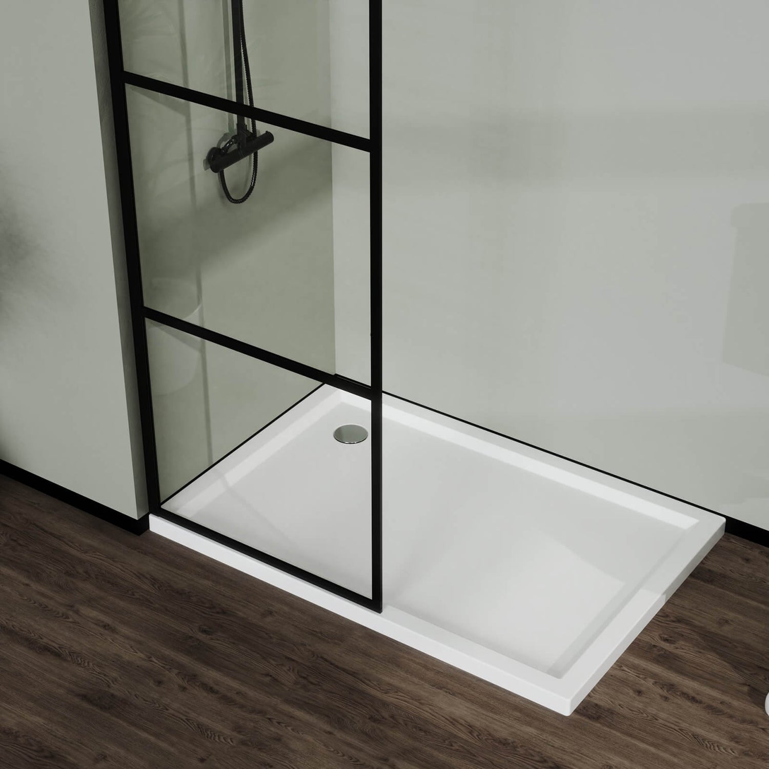 tempered glass shower panel with matte black trim