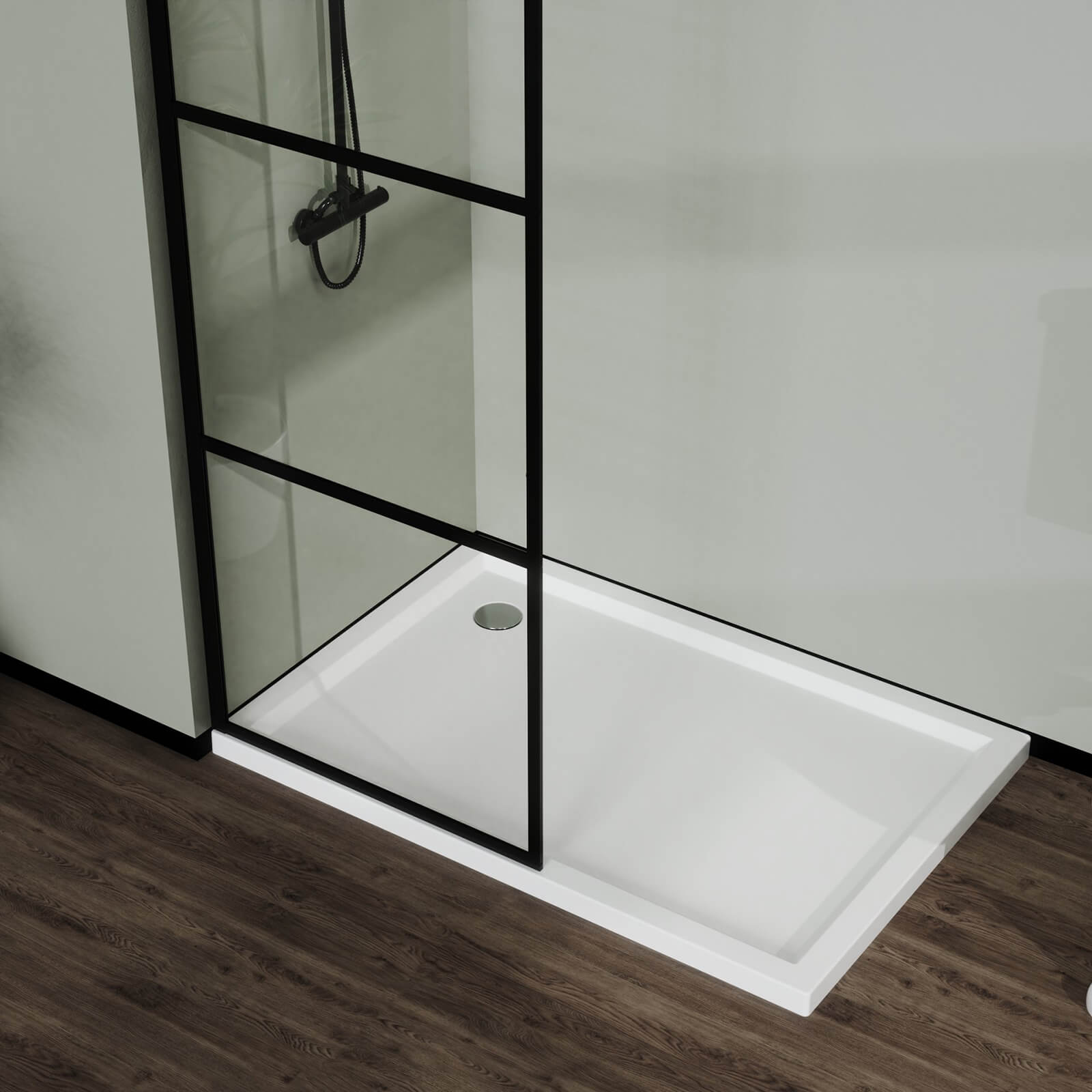 tempered glass shower panel with matte black trim