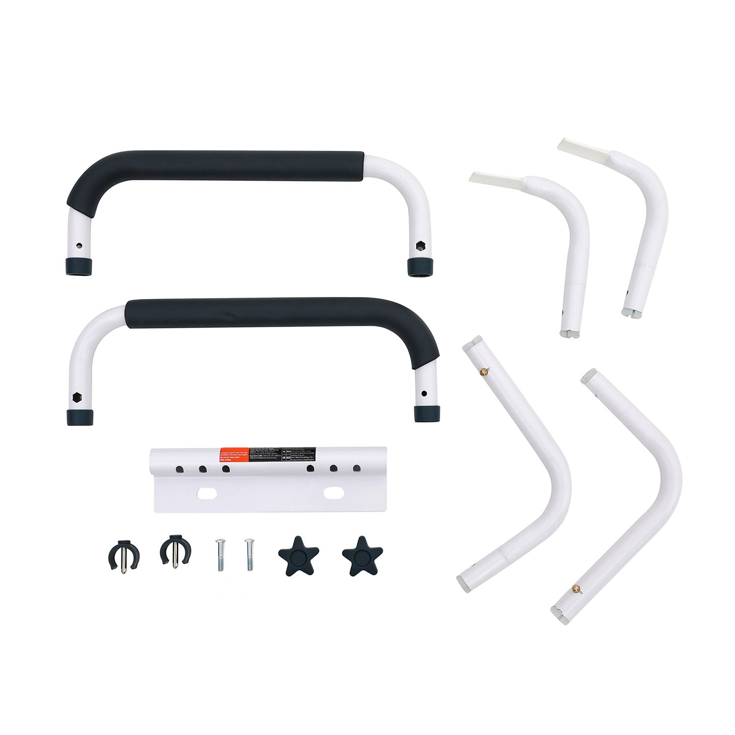 toilet safety frame parts display including frame, padded handles, screws, and mounting hardware