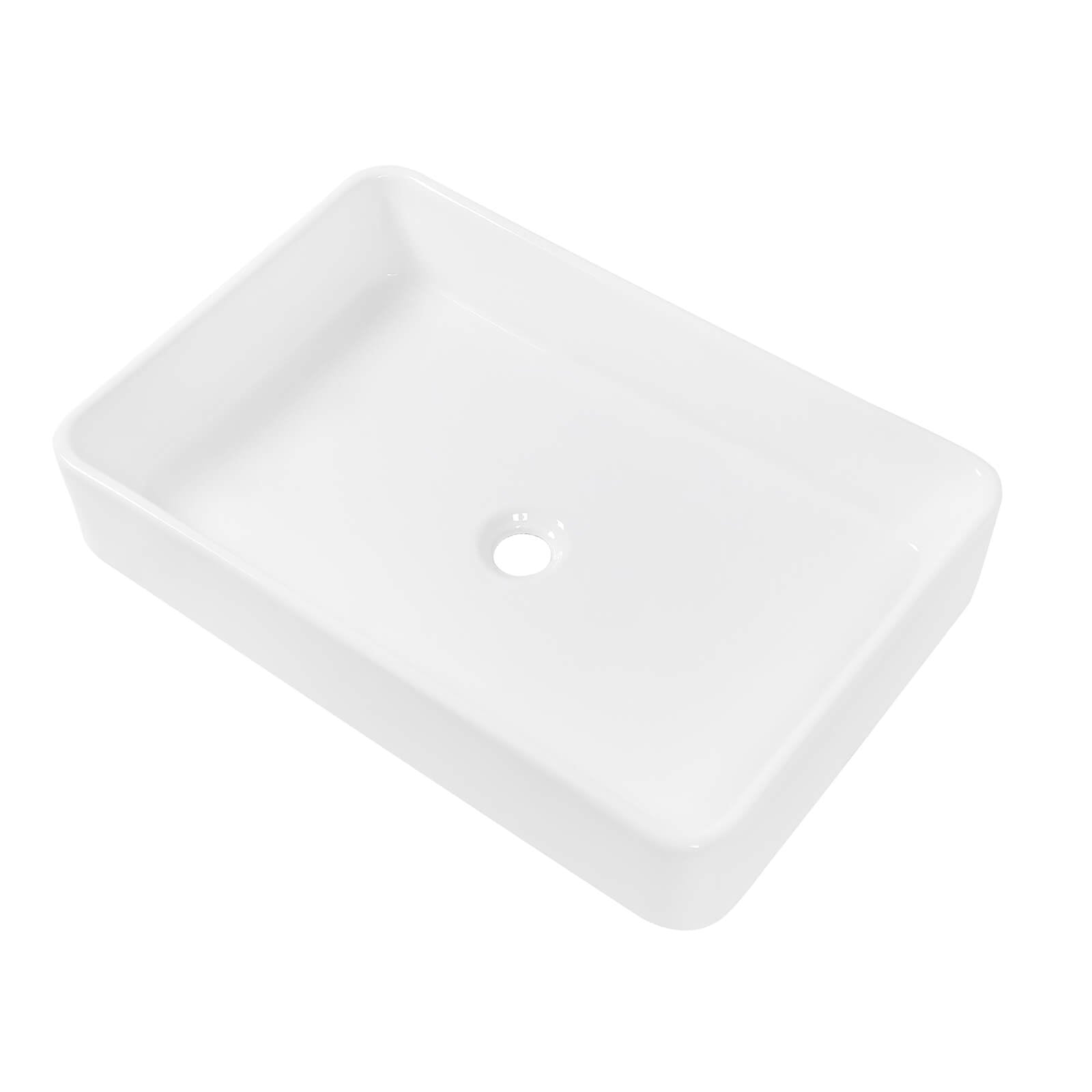 top mounted white bathroom sink with soft rectangular lines