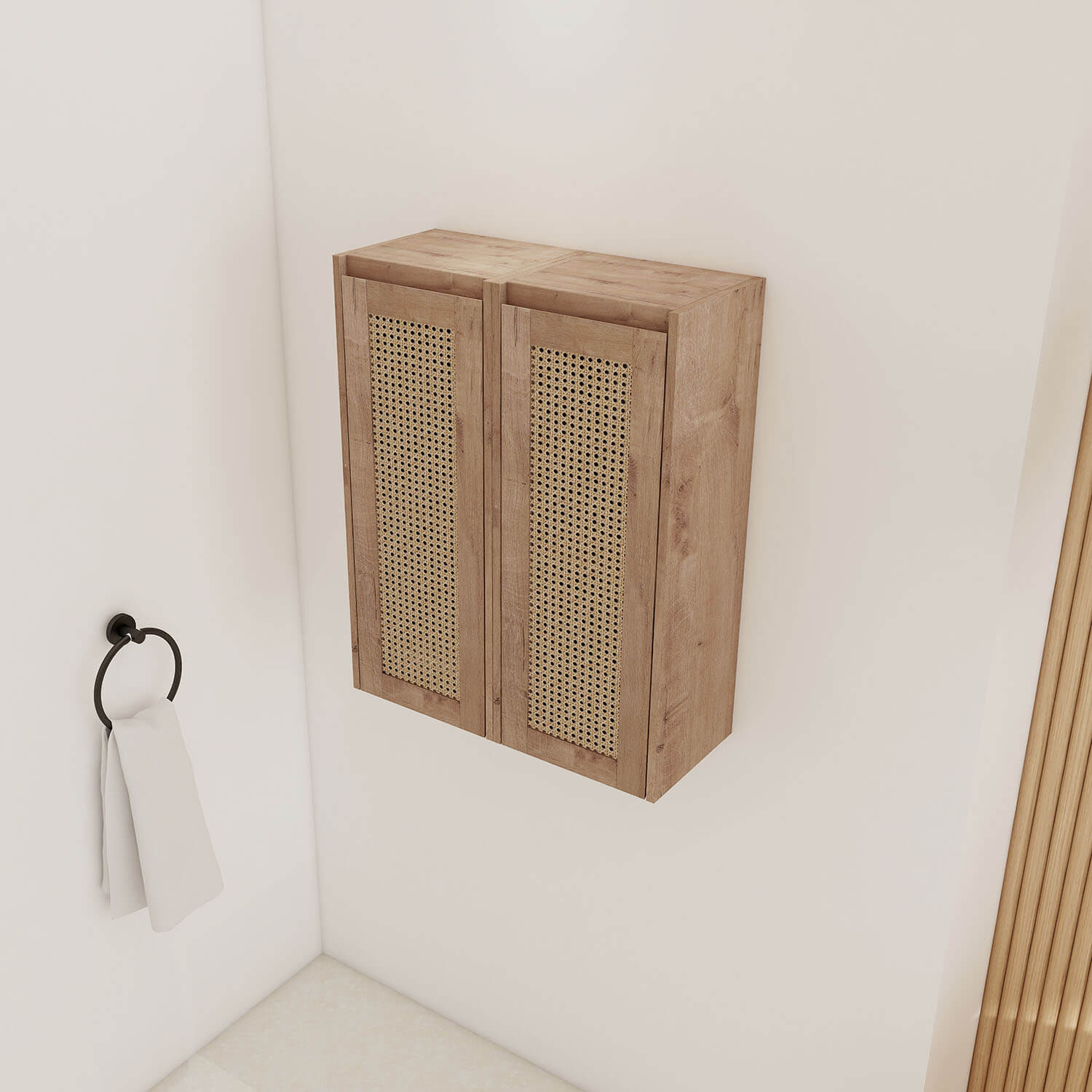 top view of 24 inch White Oak Bathroom Wall Cabinet with Rattan Door and Shelves
