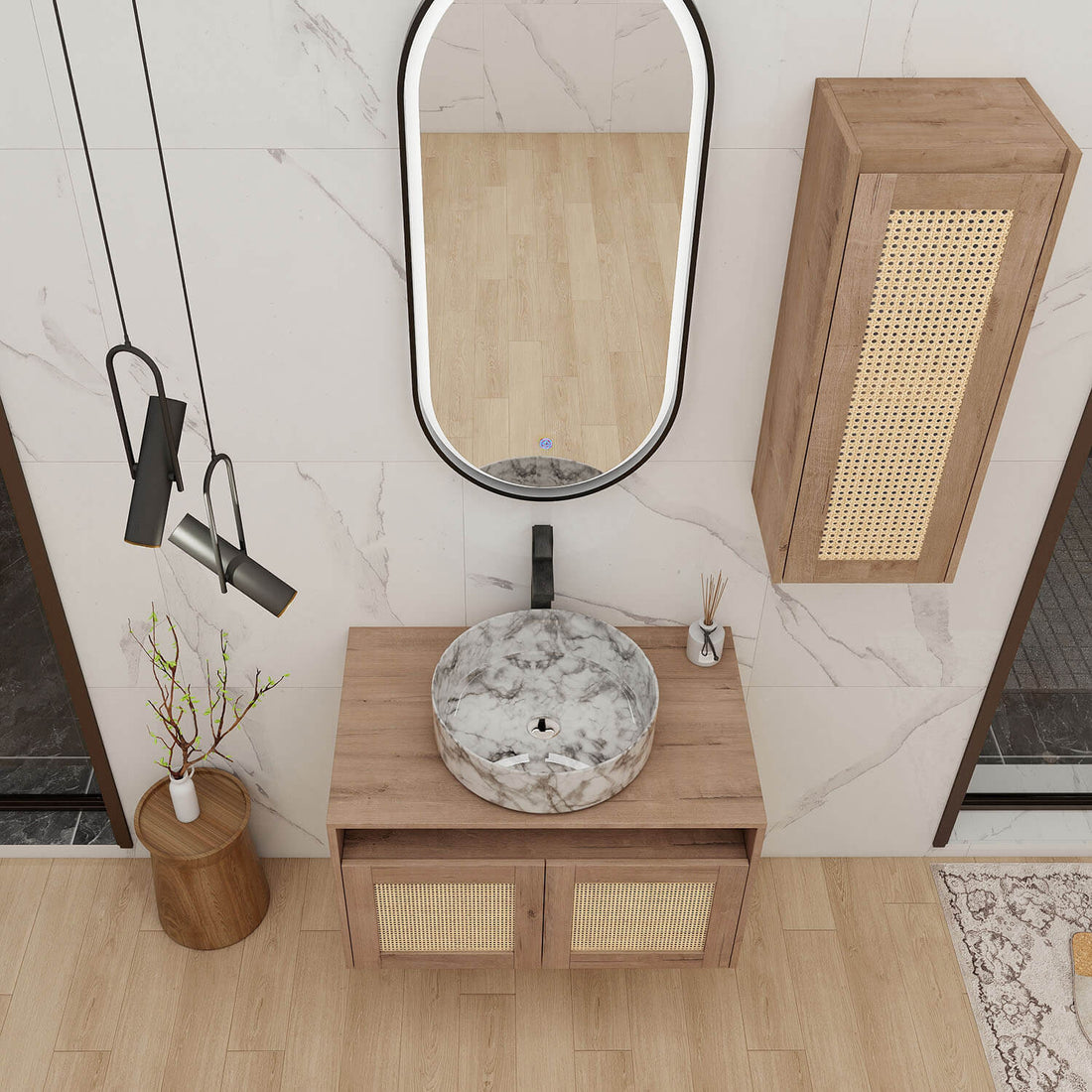 top view of 30 inch White Oak Floating Vanity and 12 inch Wall-Mounted Cabinet