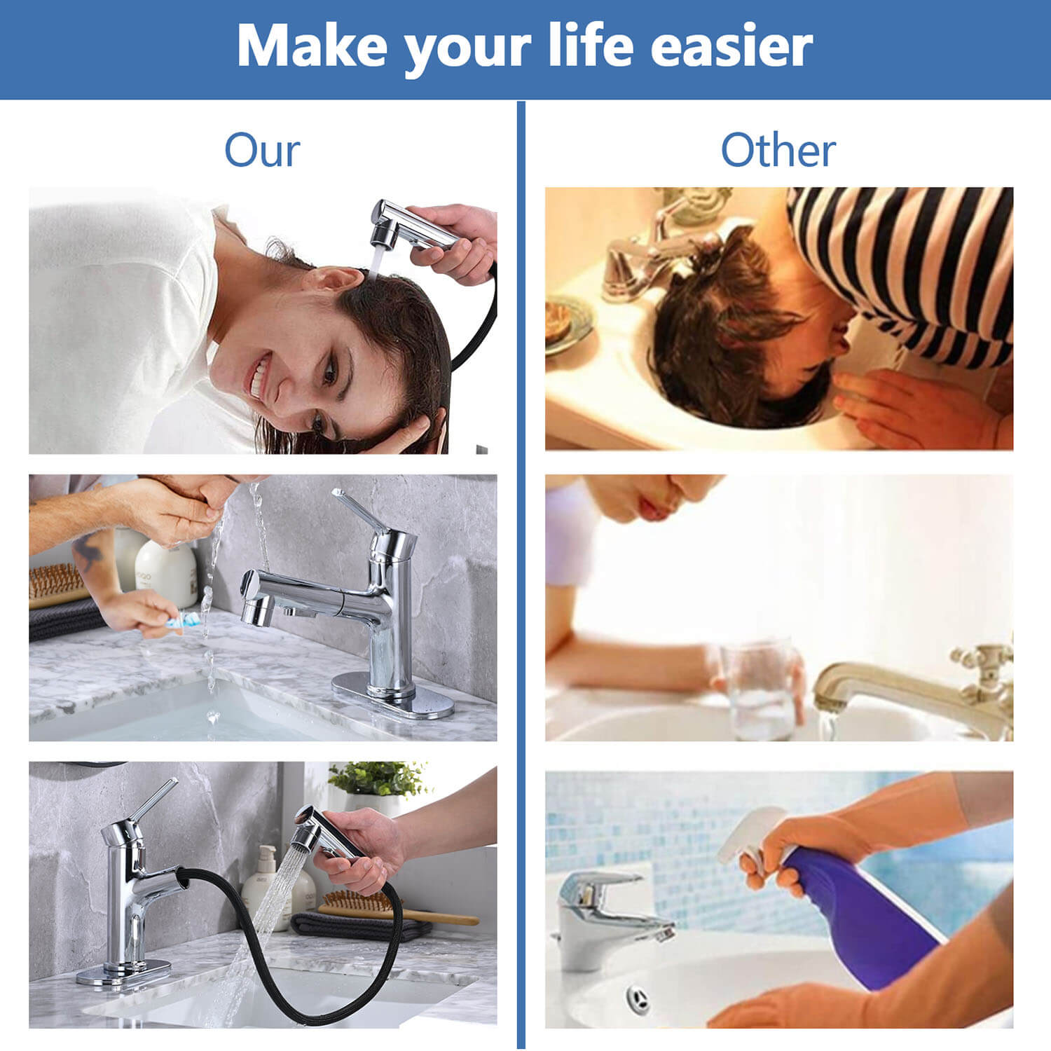 usage scenario of Chrome Bathroom Faucet with three spray mode