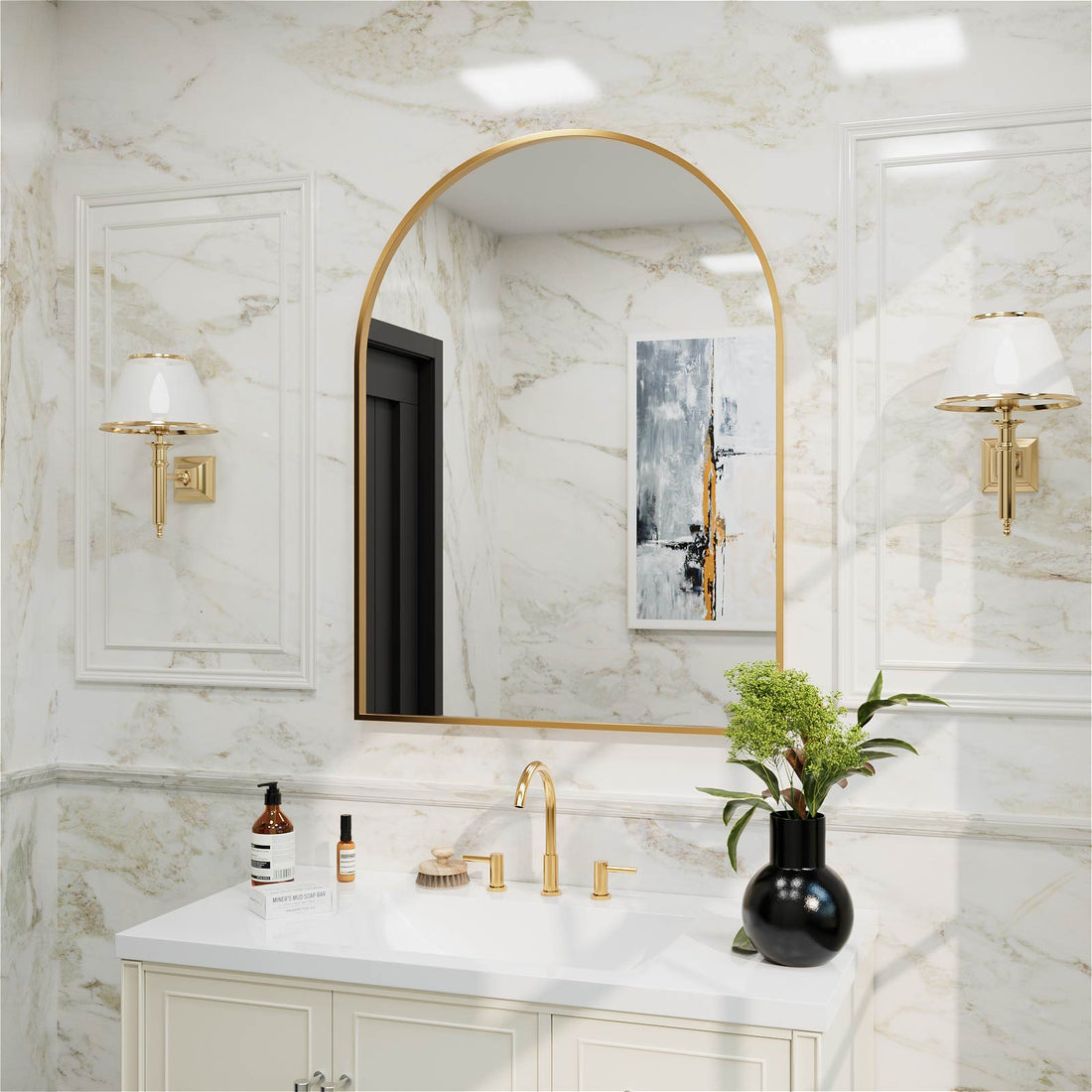 vintage style arched mirror with gold frame