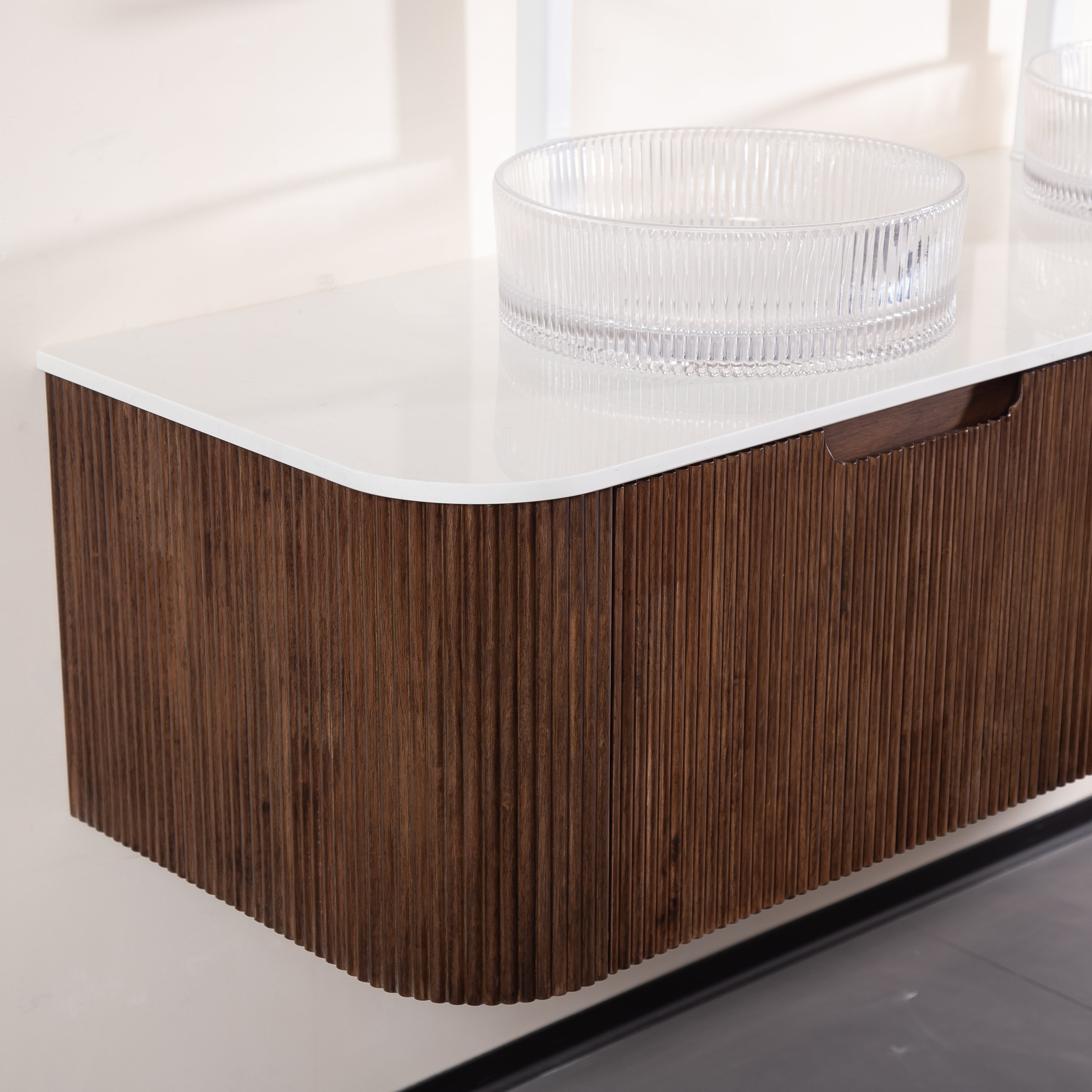 walnut finish double sink vanity with marble countertop