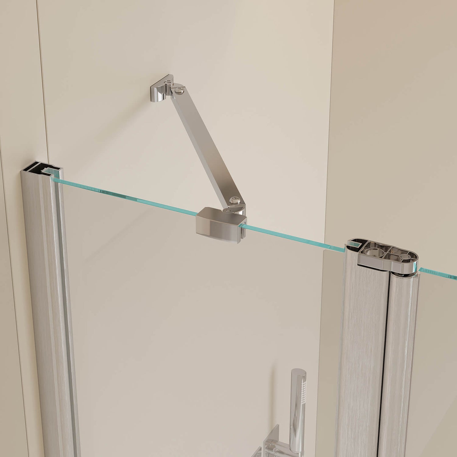watertight shower door with top support bar and fixed glass panel