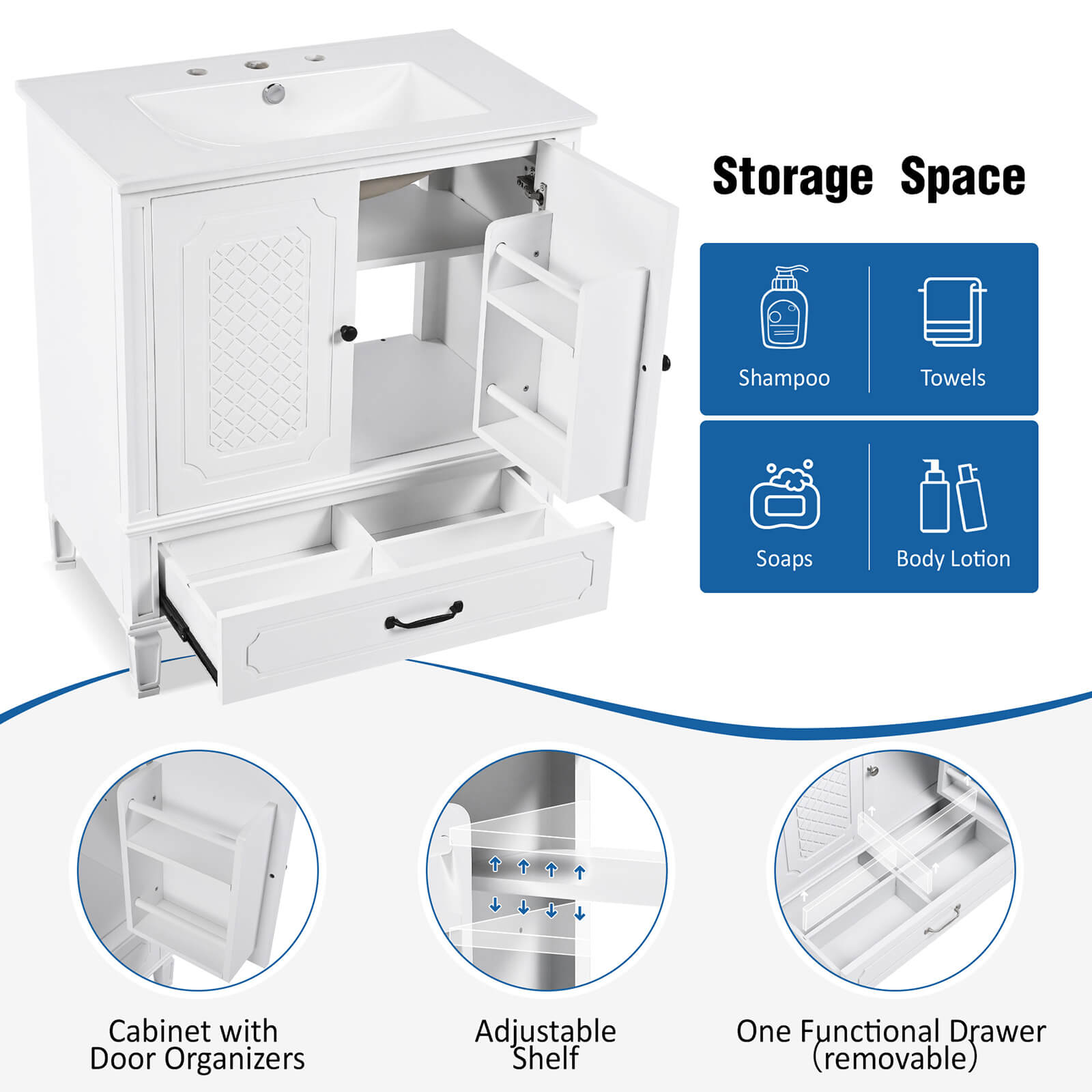 white bathroom sink cabinet with easy access storage and style