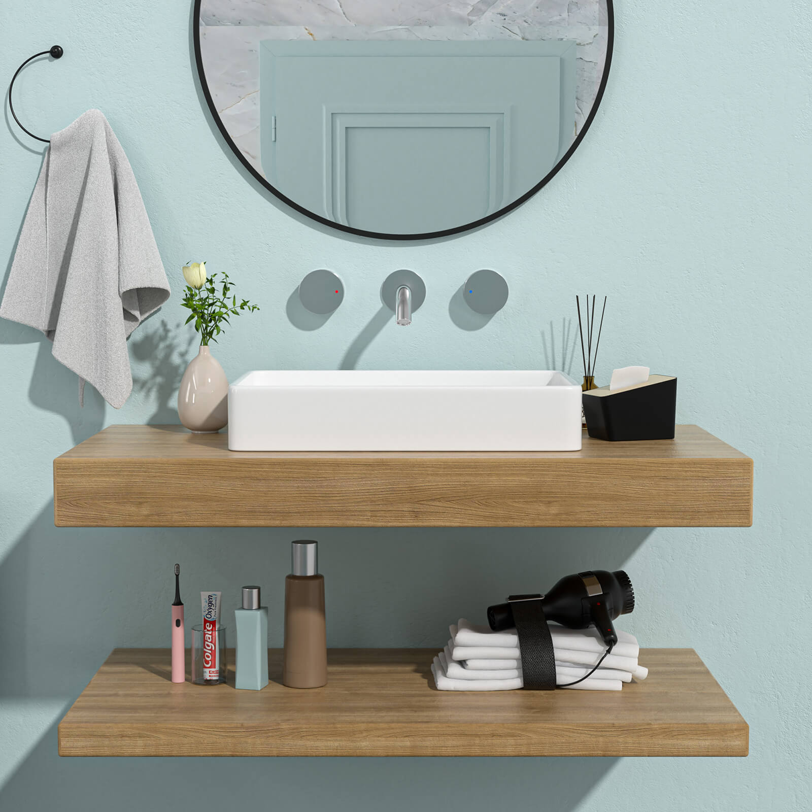 white ceramic countertop sink paired with wood bathroom top