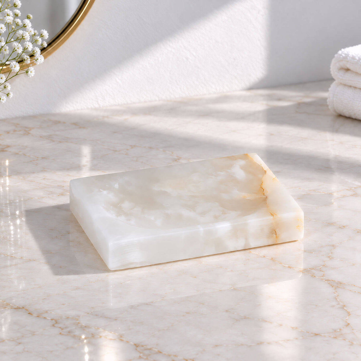 Rectangular white jade marble soap dish with a recessed surface and golden veining