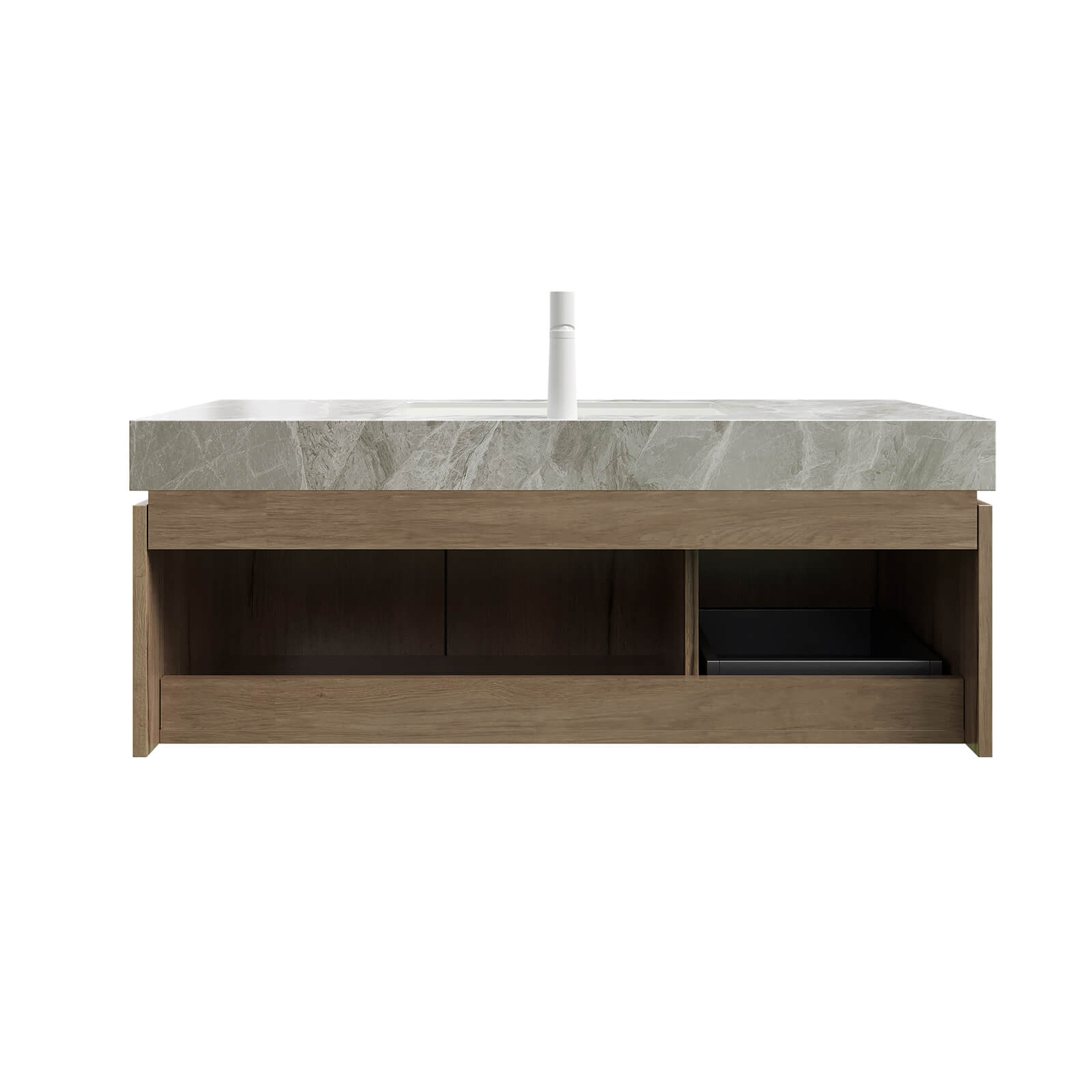 white oak bathroom vanity with soft close storage doors