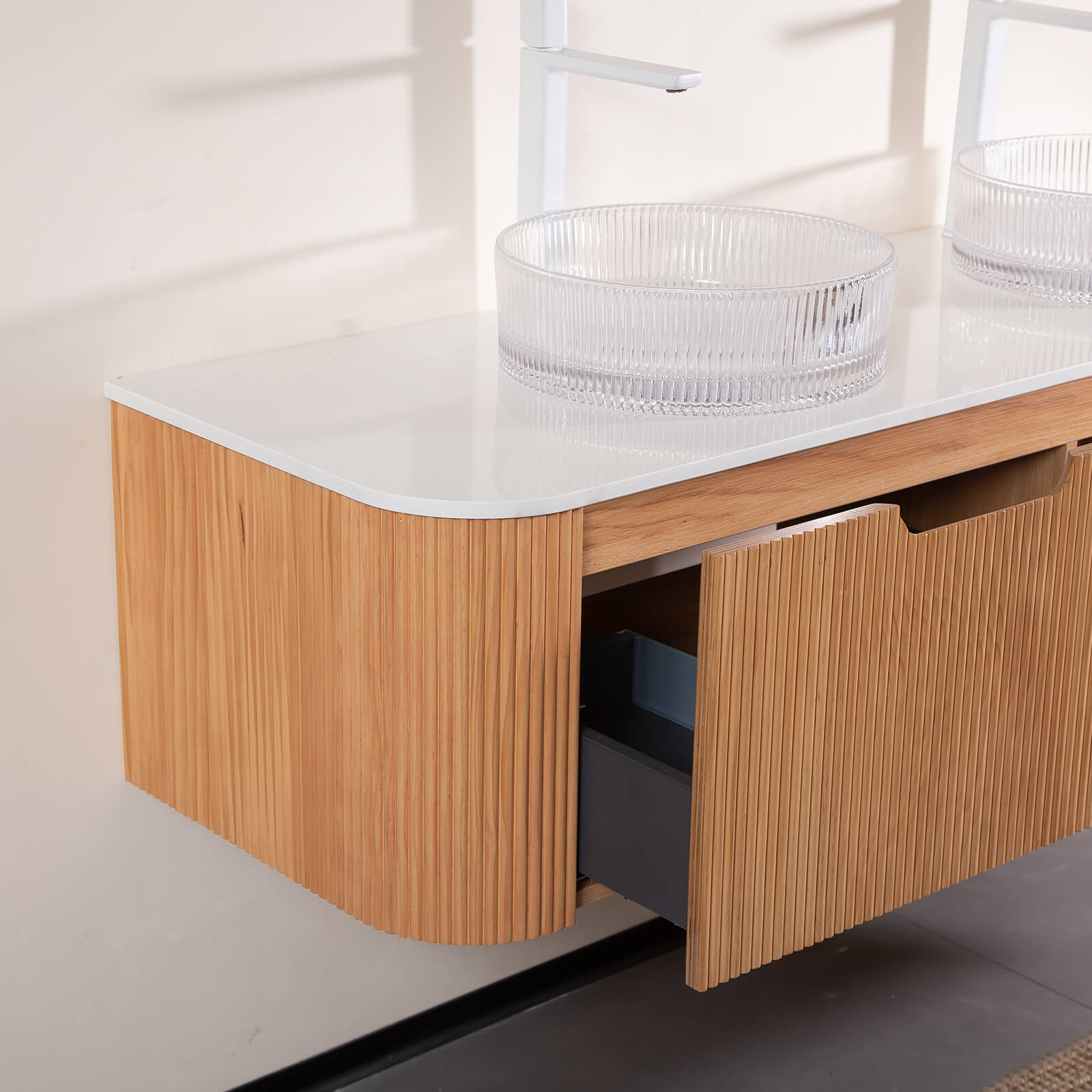 white oak double sink vanity with marble countertop