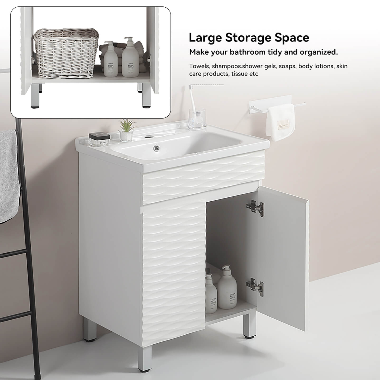 white vanity cabinet with soft close dual storage doors
