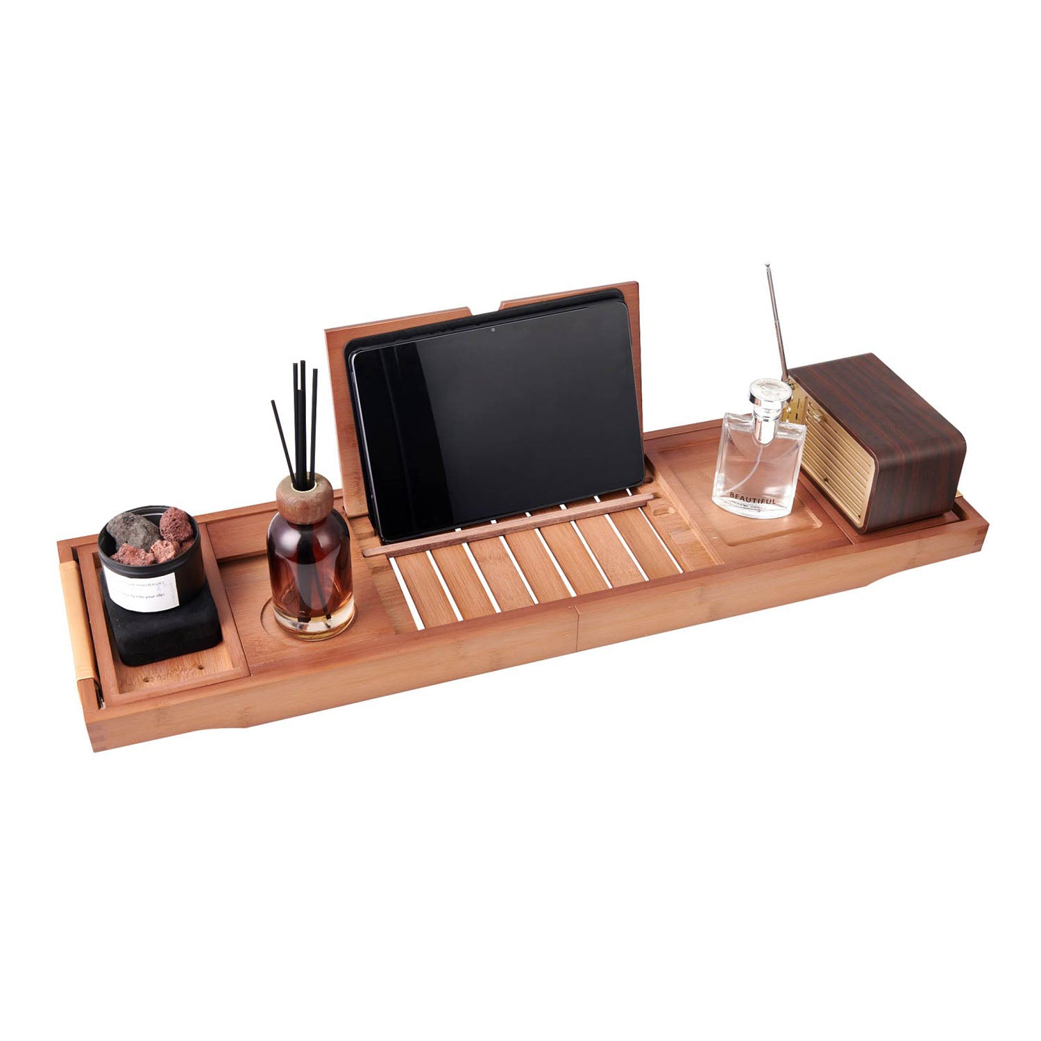 white background image of Mokleba Light Walnut Bamboo Bathtub Caddy Tray