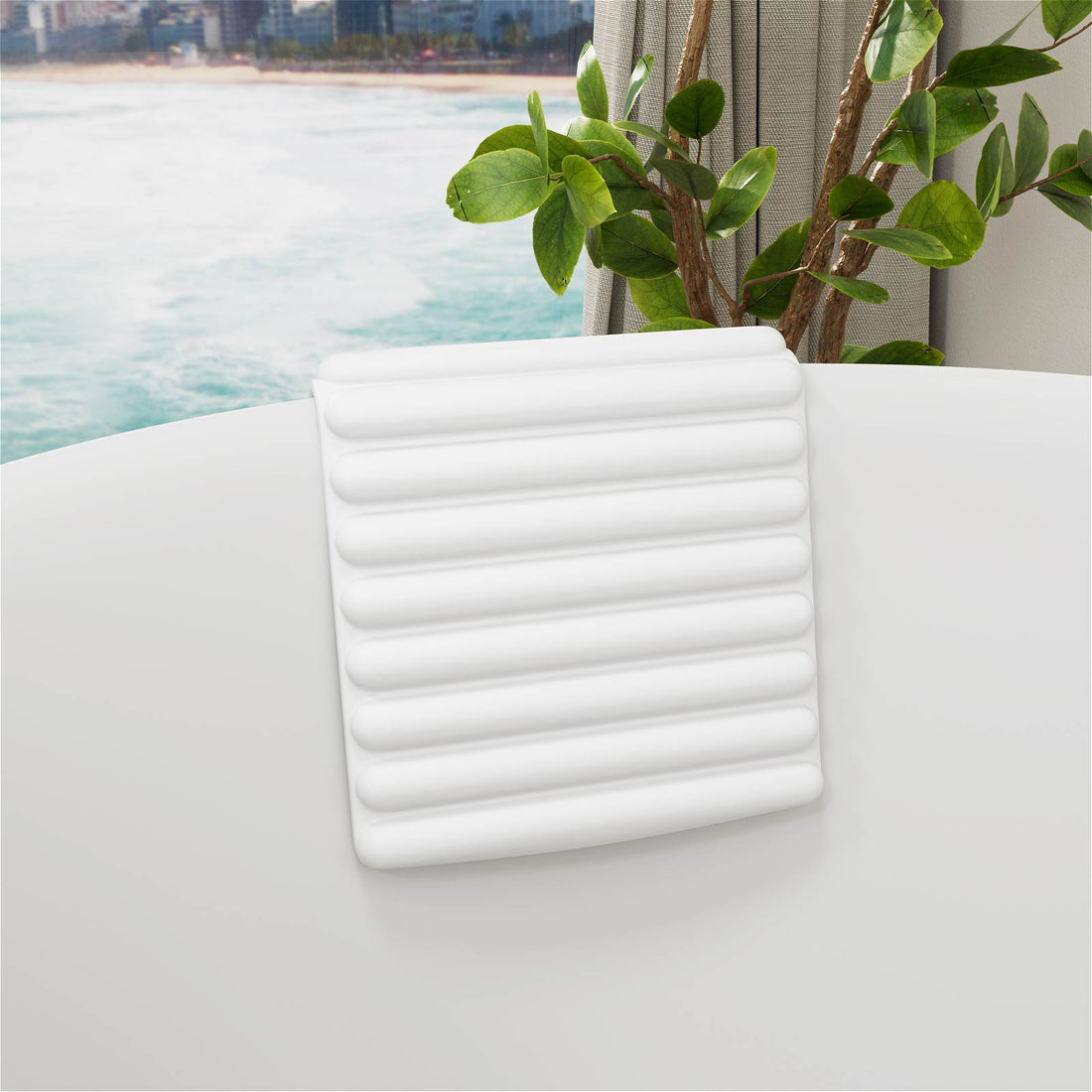 white bathtub pillow with gel material and edge hanging design