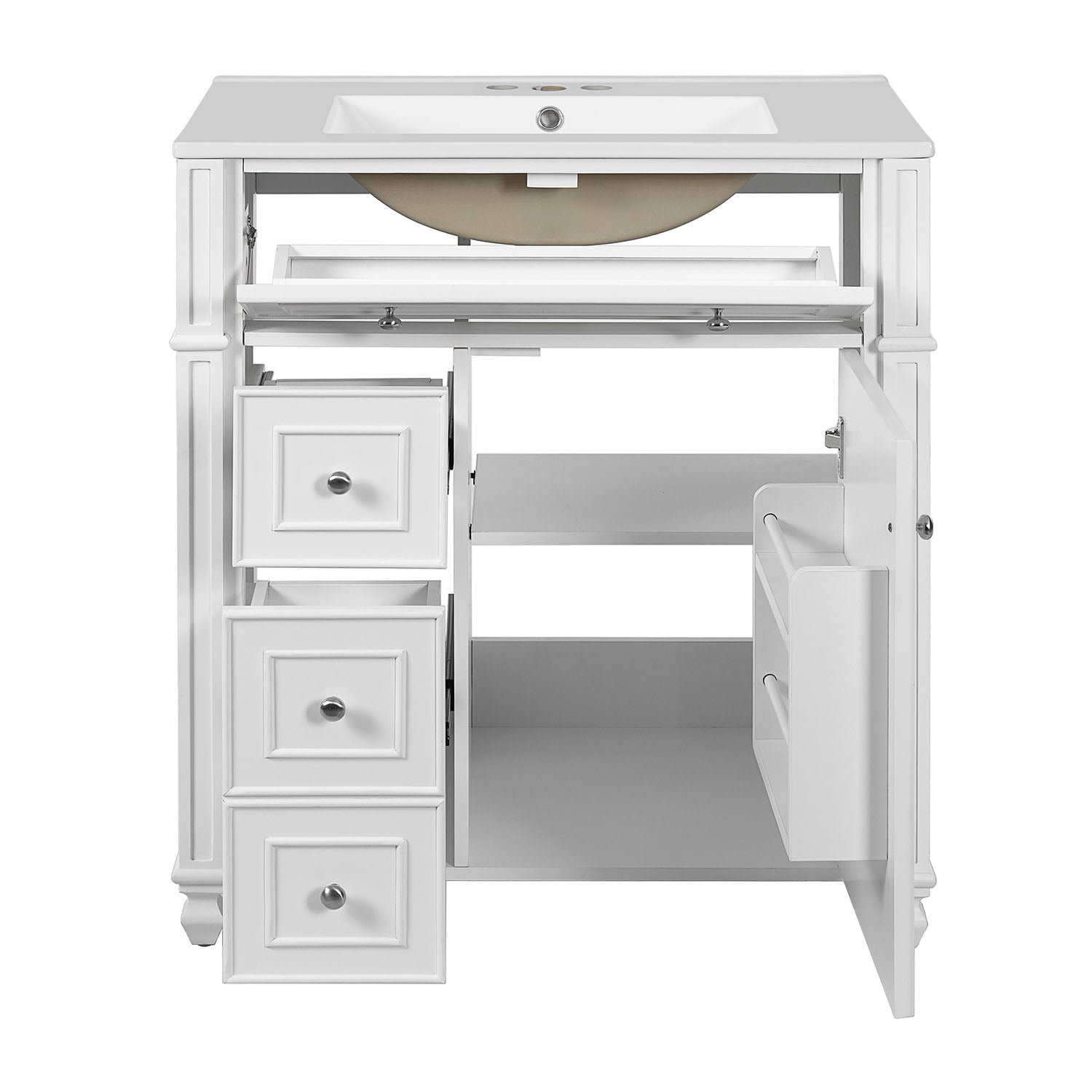 white vanity cabinet with soft close doors and adjustable shelf storage