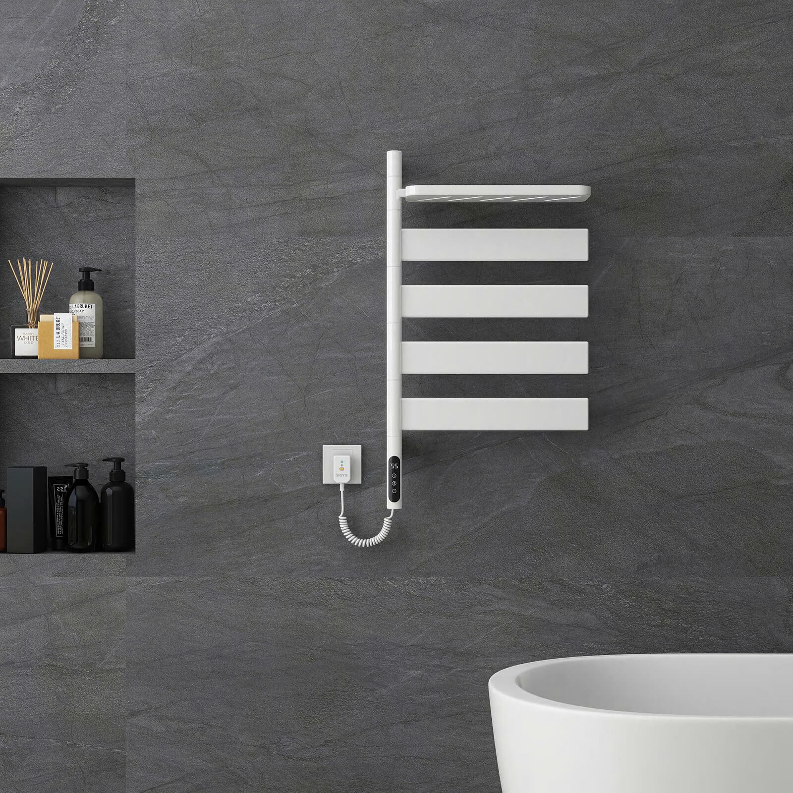 white wall-mounted towel warmer with smart LED display
