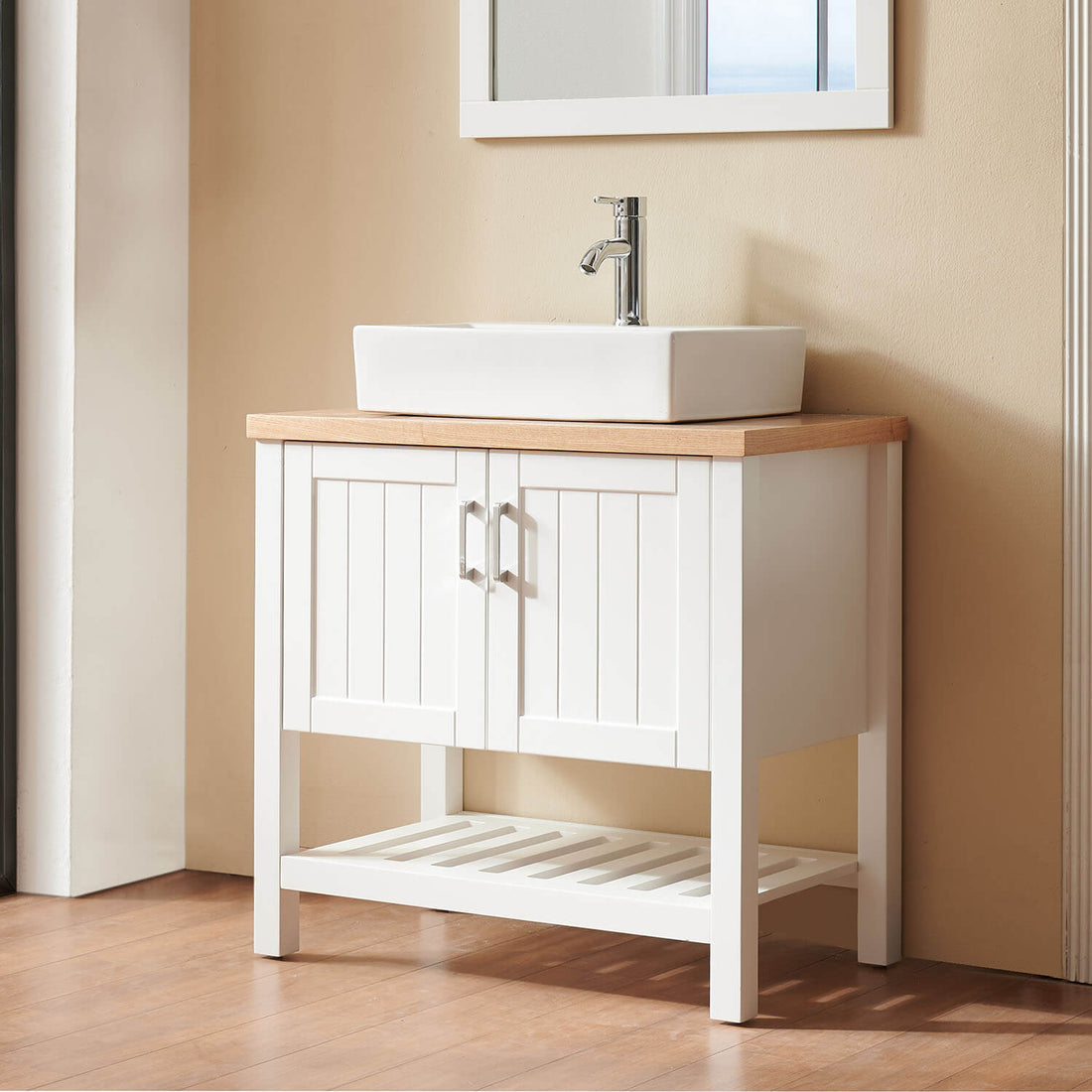 Mueble de baño independiente de 32" con estructura de madera maciza y parte inferior abierta