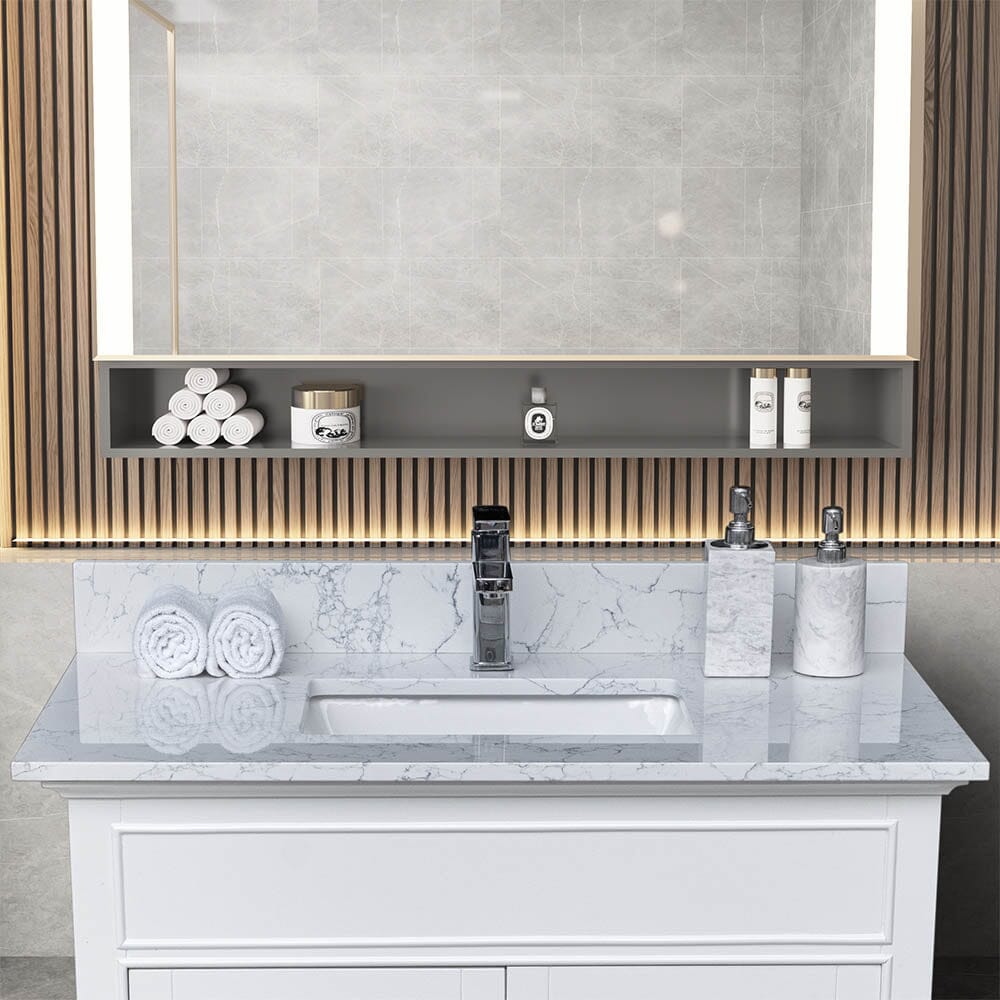 Giving Tree 31"x 22" bathroom stone vanity top Carrara jade engineered marble color with undermount ceramic sink and single faucet hole with backsplash
