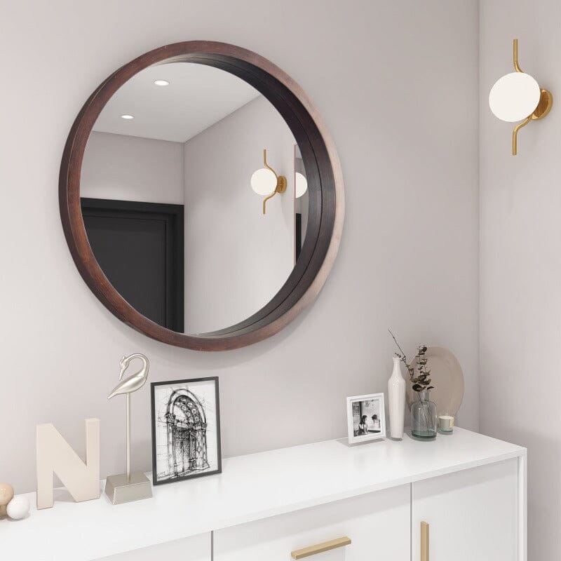 24" Round Modern Mirror with Wood Frame Decoration for Bathroom Living Room Bedroom