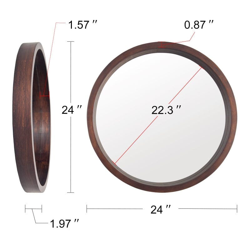 24" Round Modern Mirror with Wood Frame Decoration for Bathroom Living Room Bedroom