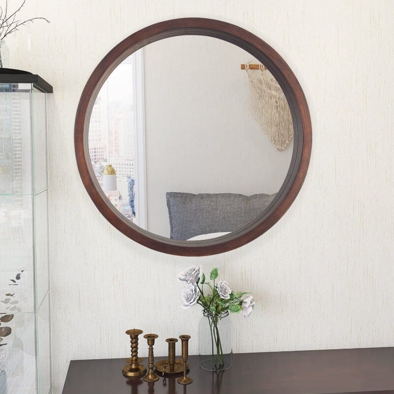 24" Round Modern Mirror with Wood Frame Decoration for Bathroom Living Room Bedroom