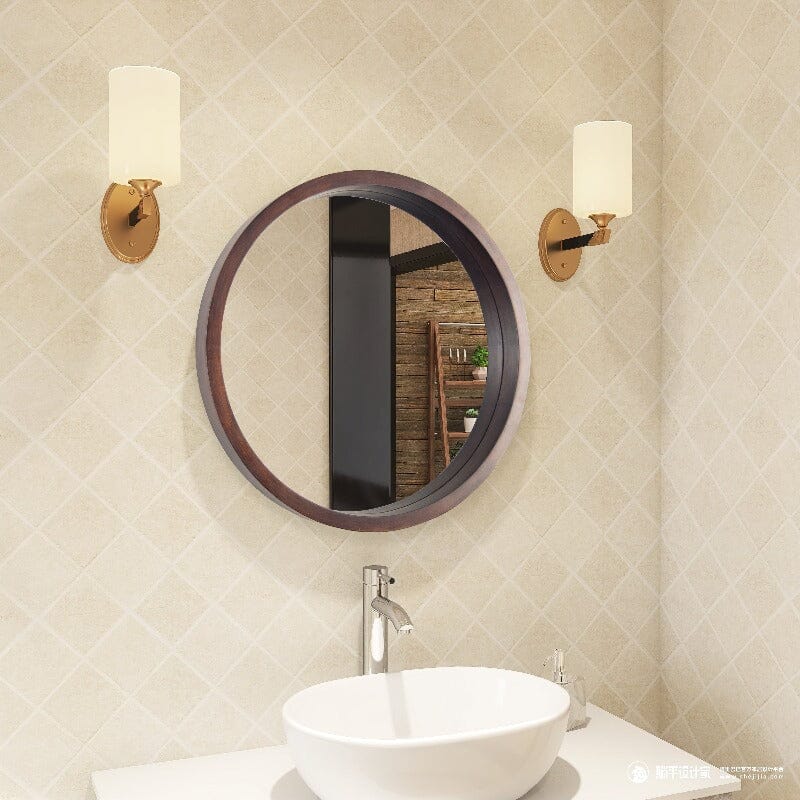 24" Round Modern Mirror with Wood Frame Decoration for Bathroom Living Room Bedroom