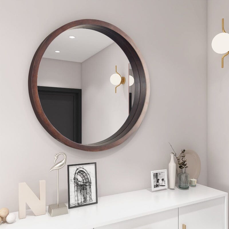 24" Round Modern Mirror with Wood Frame Decoration for Bathroom Living Room Bedroom