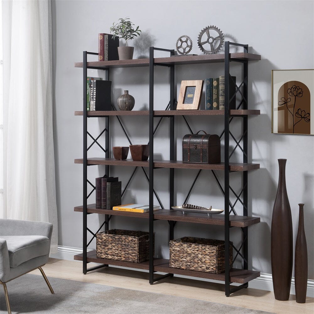 Giving Tree Home Office 5 Tier Bookshelf, X Design Etageres Storage Shelf, Industrial Bookcase for Office with Metal Frame