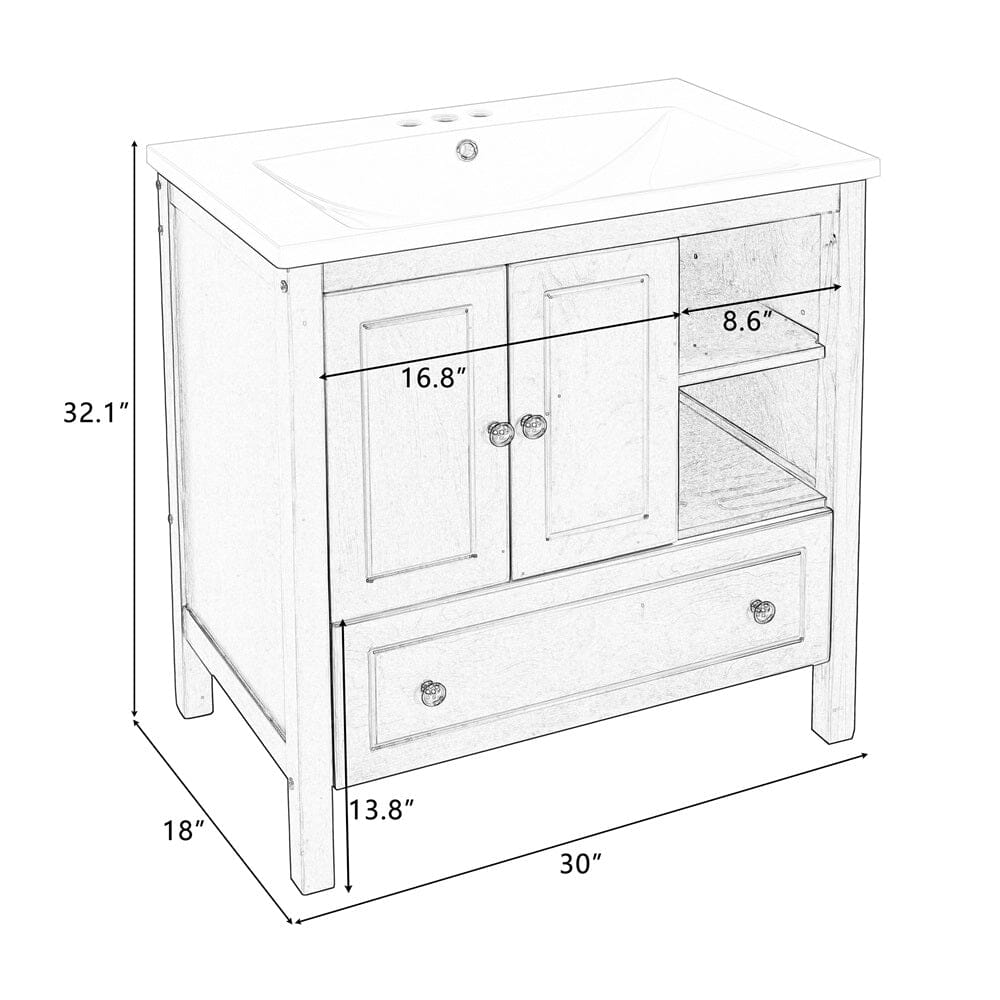 30" Freestanding Bathroom Vanity Storage Cabinet with Ceramic Sink
