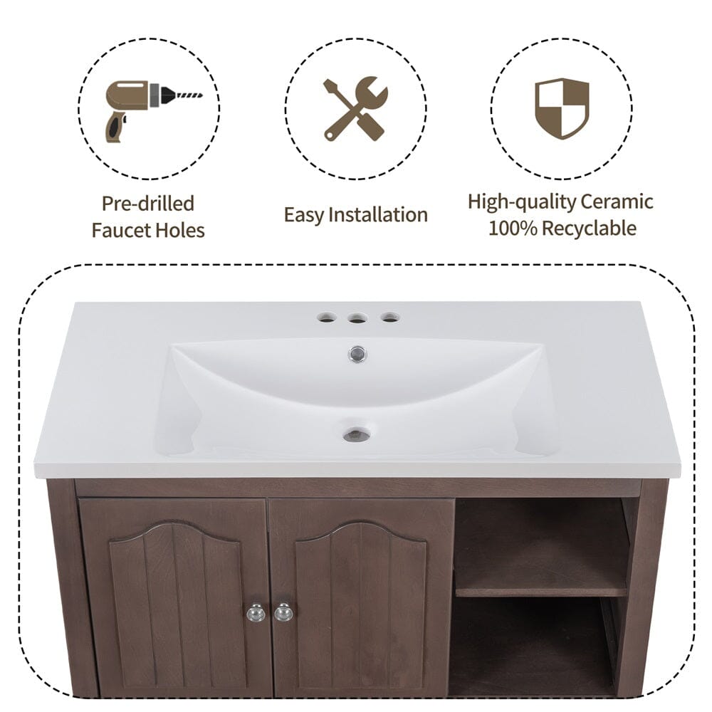 Giving Tree 36" Single Bathroom Vanity Top with White Basin, 3-Faucet Holes, Ceramic