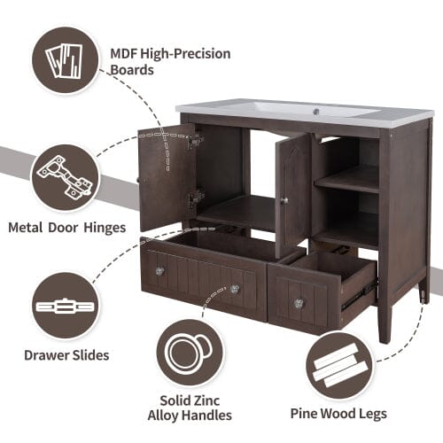 Giving Tree 36" Bathroom Vanity Base Only, Solid Wood Frame and MDF Boards, Brown