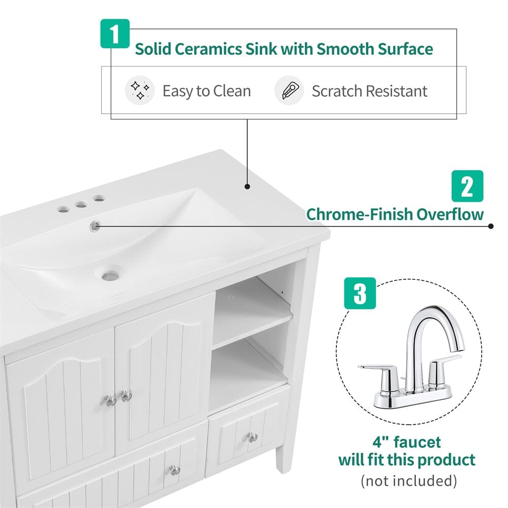 Giving Tree 36" Single Bathroom Vanity Top with White Basin, 3-Faucet Holes, Ceramic, White