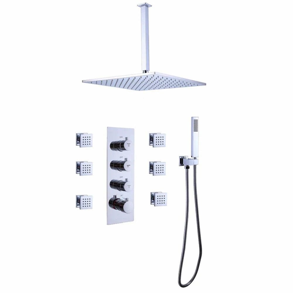 Ceiling Mounted Shower System with 4-Function Thermostatic Shower Valve & Hand Shower & Body Spray Jets