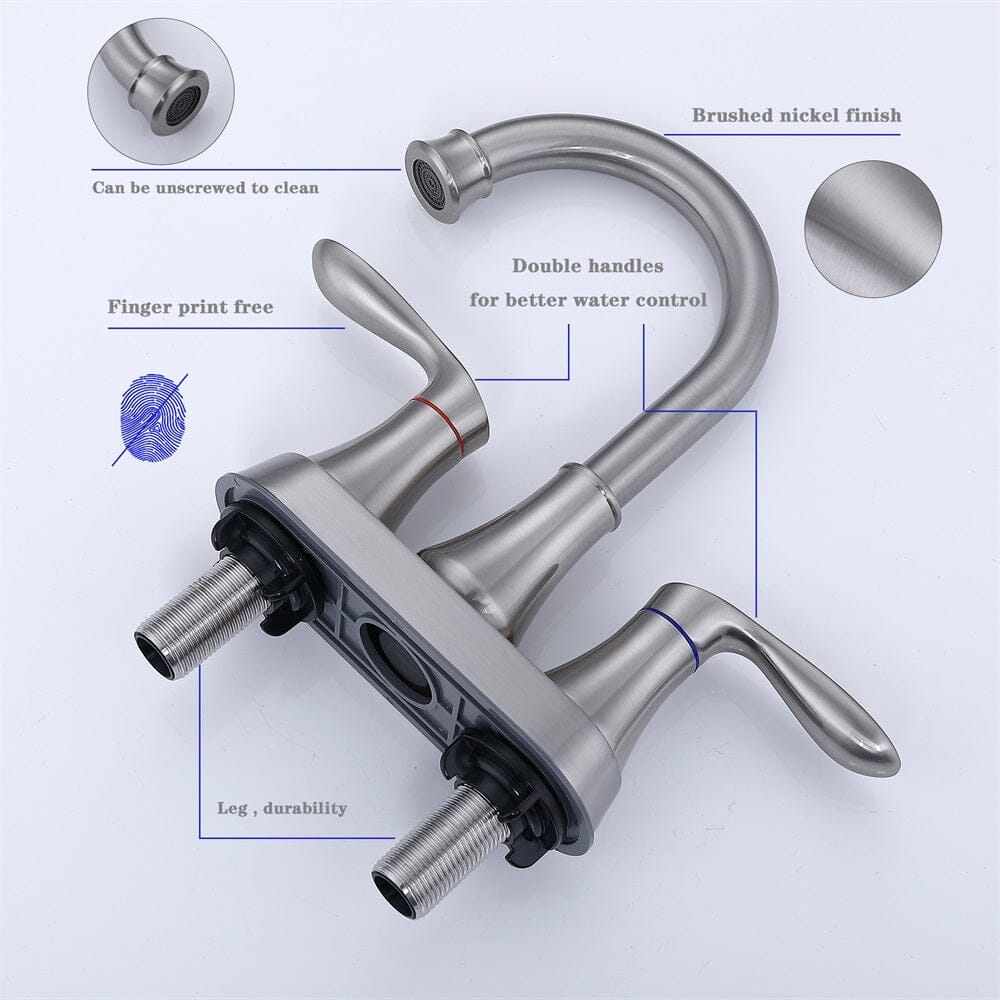 Giving Tree 2-Griff 4-Zoll Waschtischarmatur aus gebürstetem Nickel mit Pop-up-Ablauf und Zuleitungsschläuchen