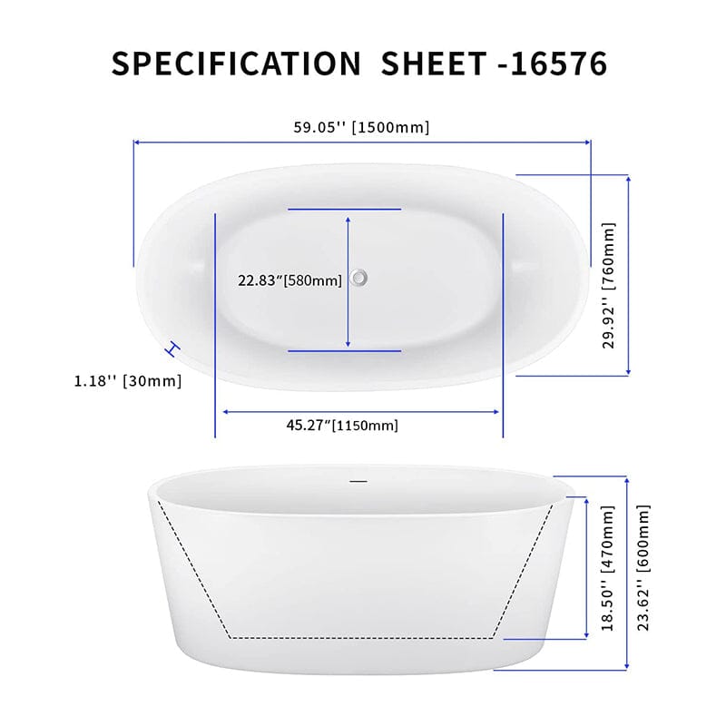 Mokleba 59" Acrylic Modern Bathtub Oval Shape Freestanding Soaking Tub