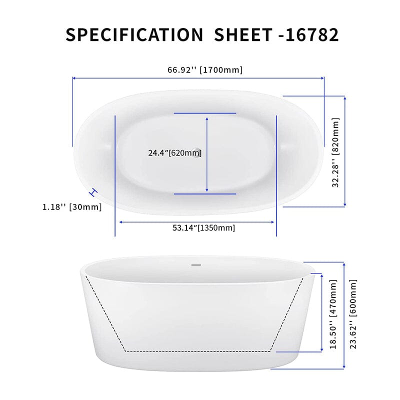 Mokleba 67" Acrylic Modern Bathtub Oval Shape Freestanding Soaking Tub