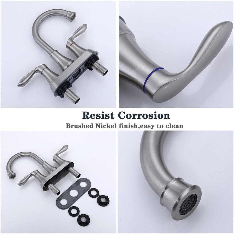 Giving Tree 2-Griff 4-Zoll Waschtischarmatur aus gebürstetem Nickel mit Pop-up-Ablauf und Zuleitungsschläuchen