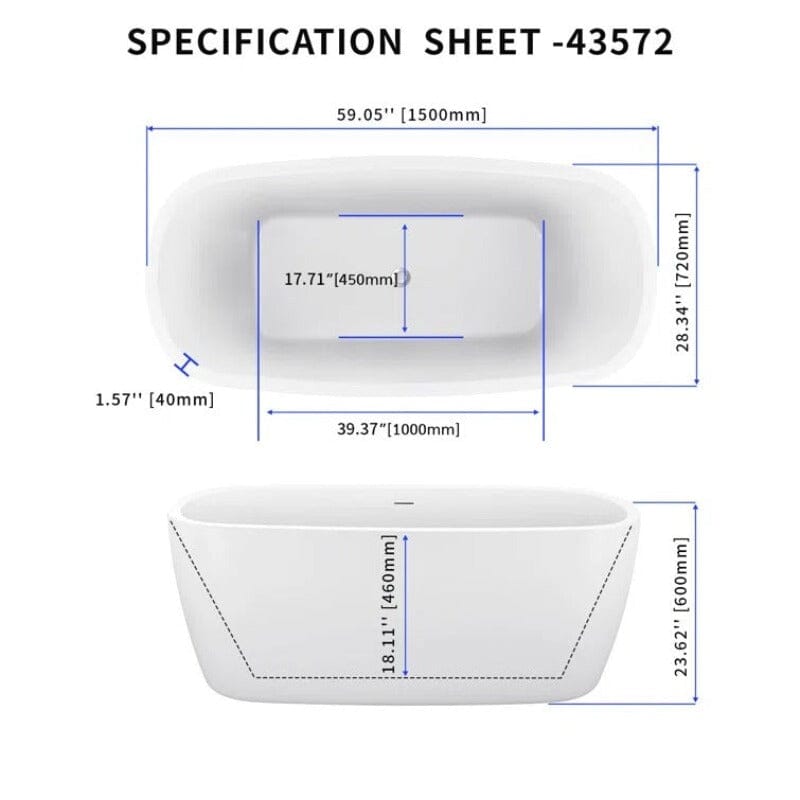 Mokleba 59" Acrylic Square Shape Freestanding Soaking Tub with Overflow & Drain