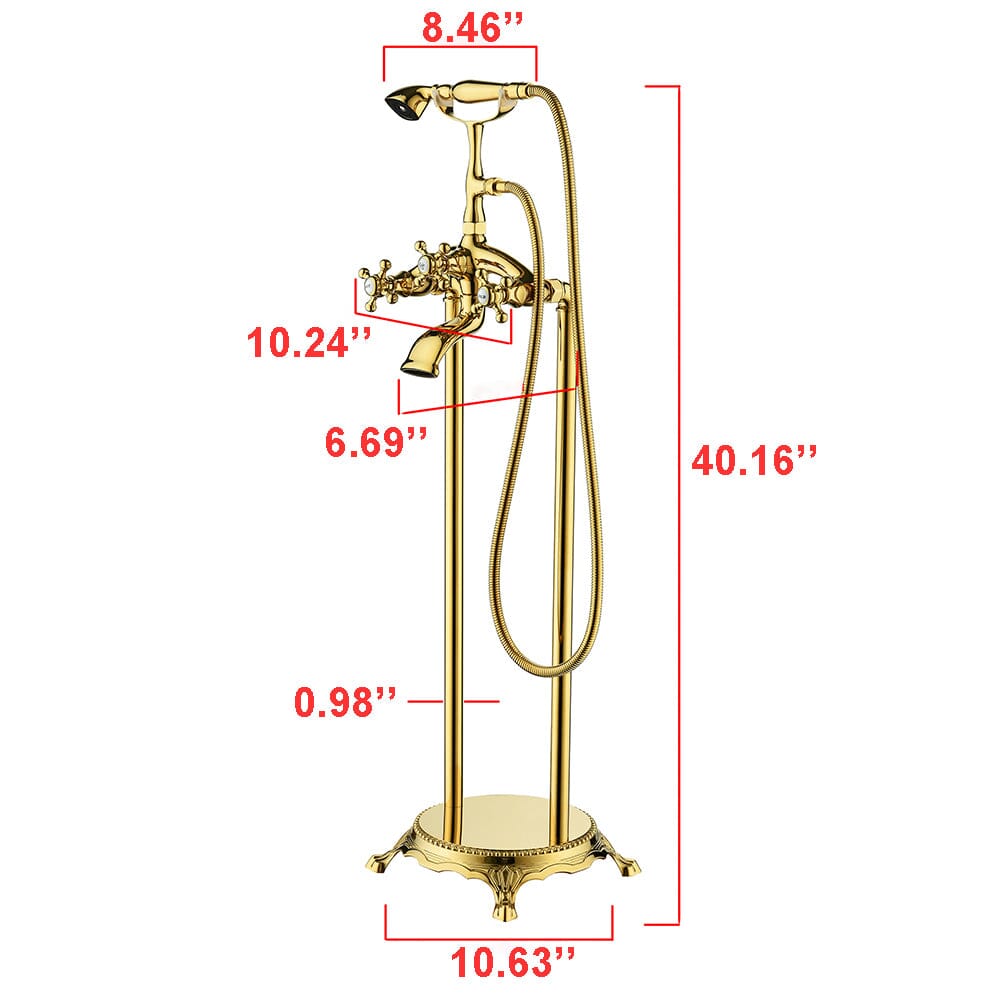Floor Mount Freestanding Bathtub Faucet with Handheld Shower Gold Retro Style