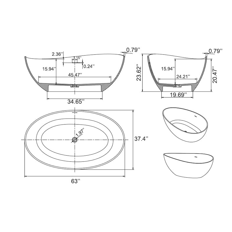 Stone Resin Wave Freestanding Soaking Tub Dimensions Drawing
